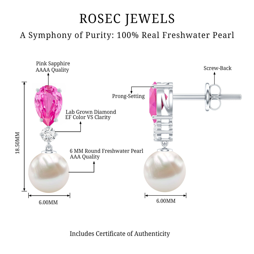 Freshwater Pearl Bridal Drop Earrings with Lab Pink Sapphire