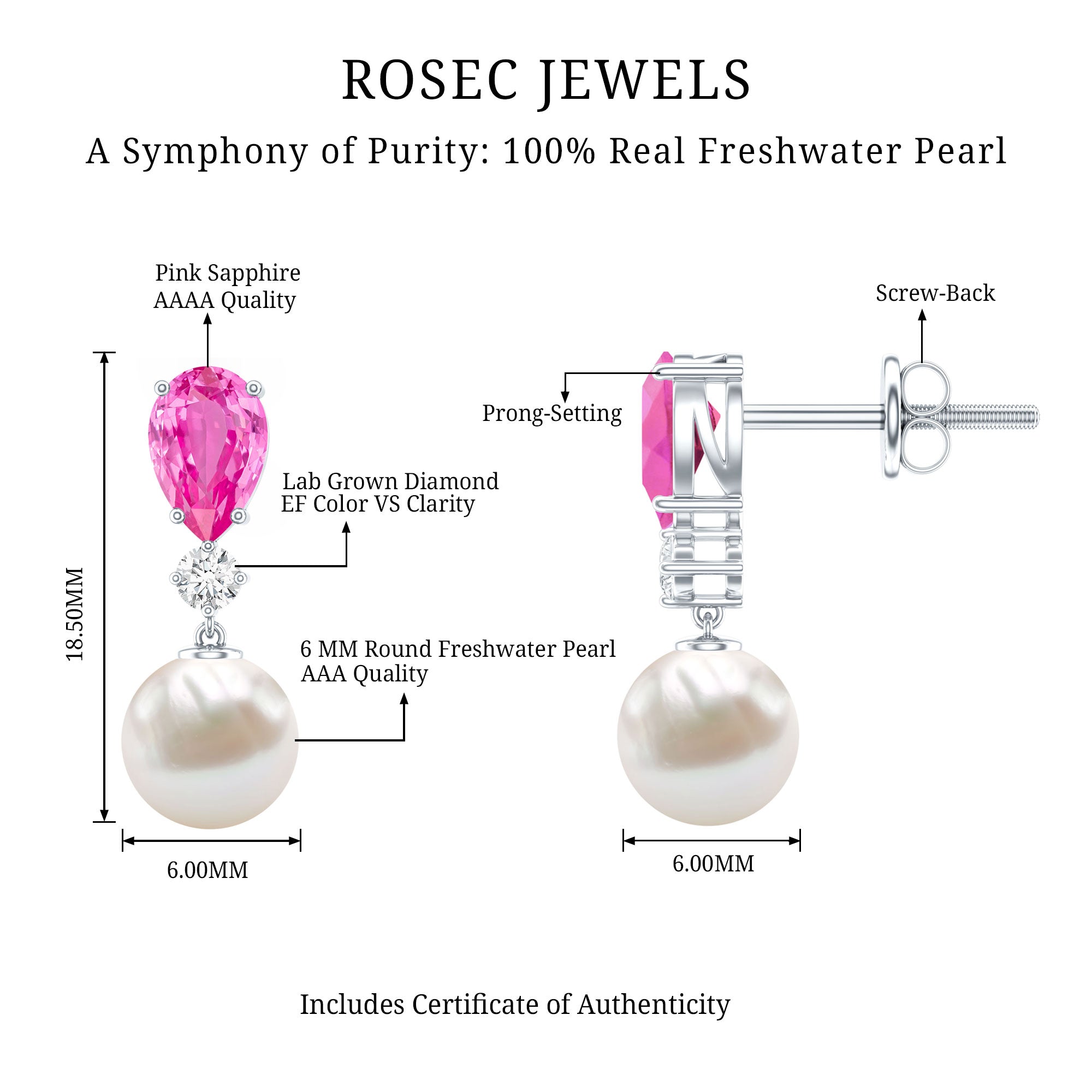 Freshwater Pearl Bridal Drop Earrings with Lab Pink Sapphire