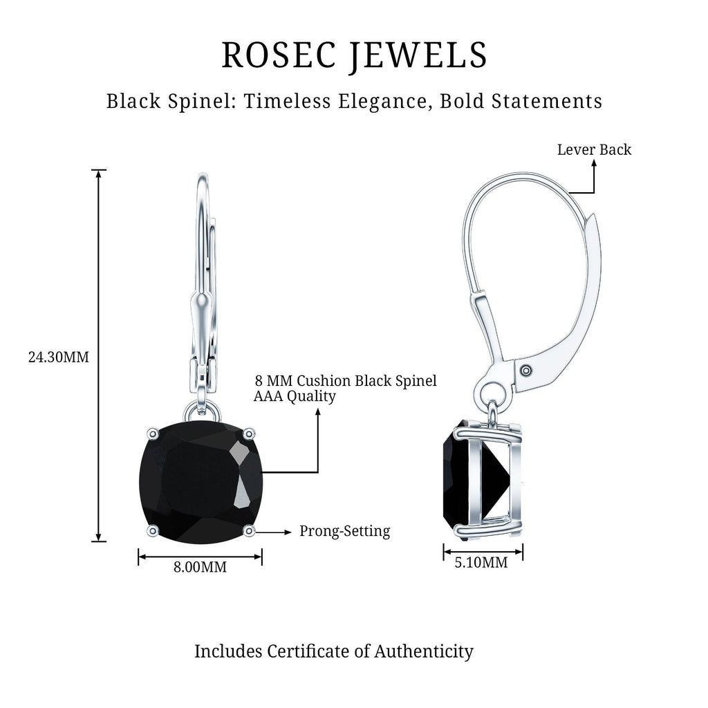 Genuine 8mm Cushion Cut Black Spinel Drop Earrings Lever Back