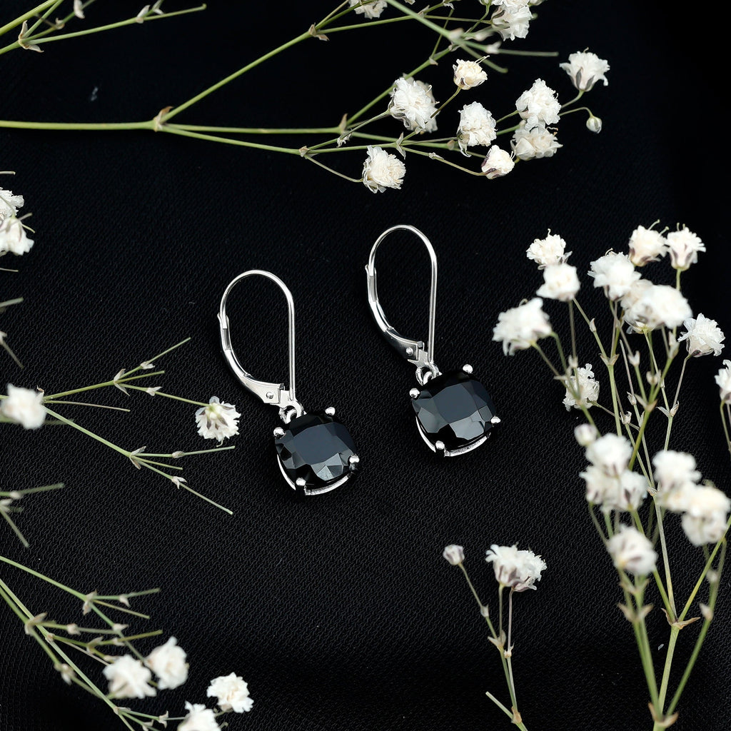 Genuine 8mm Cushion Cut Black Spinel Drop Earrings Lever Back