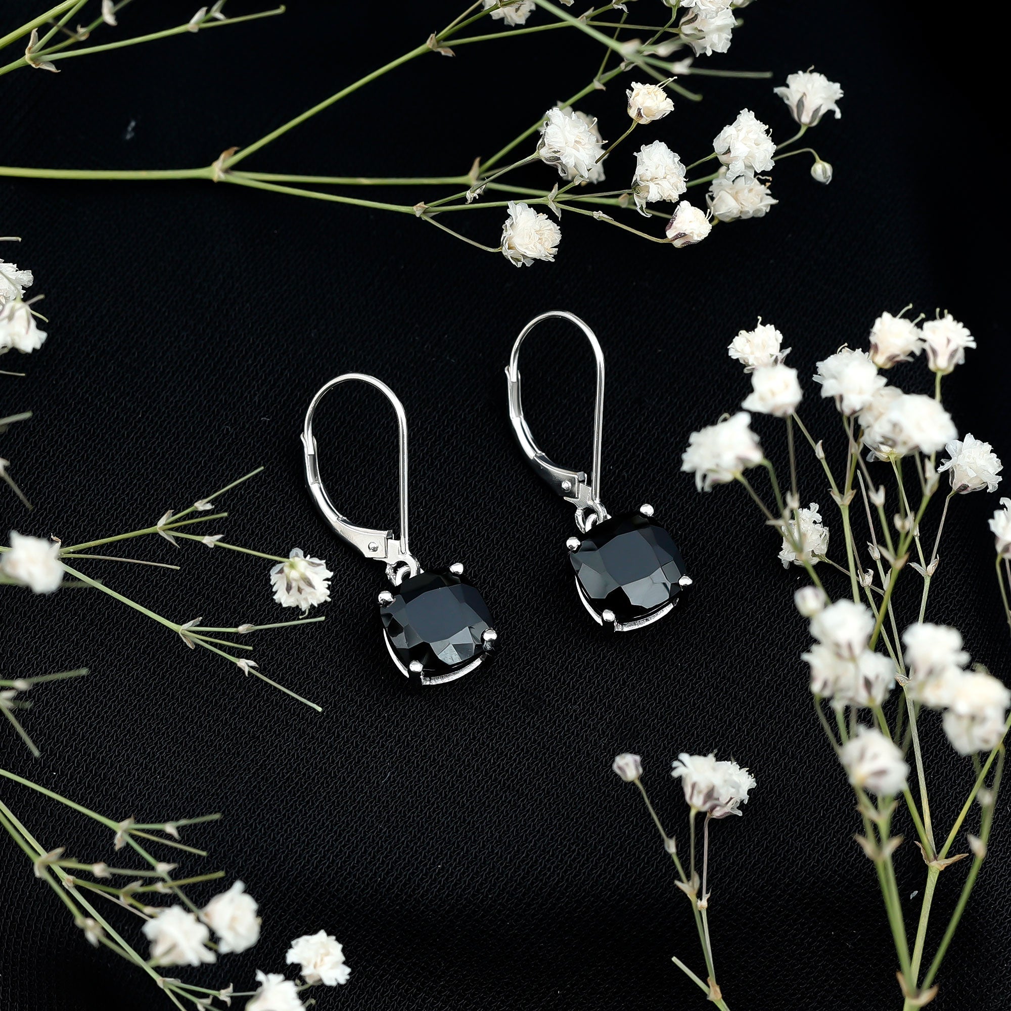 Genuine 8mm Cushion Cut Black Spinel Drop Earrings Lever Back