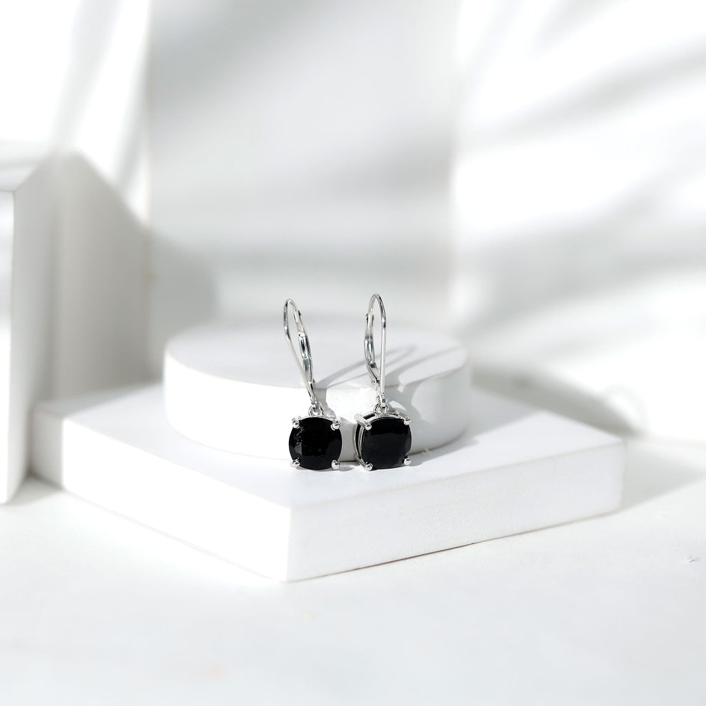 Genuine 8mm Cushion Cut Black Spinel Drop Earrings Lever Back