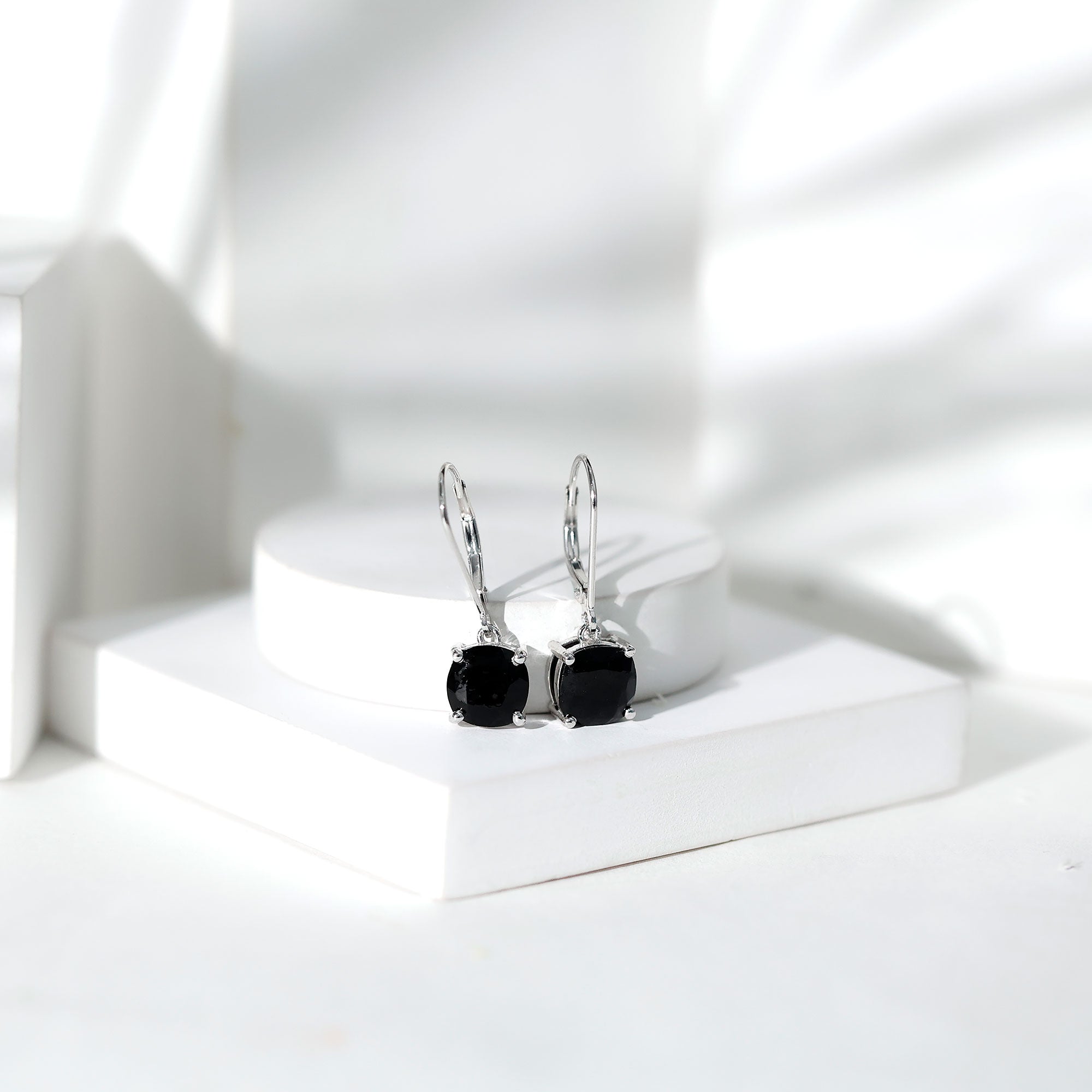 Genuine 8mm Cushion Cut Black Spinel Drop Earrings Lever Back