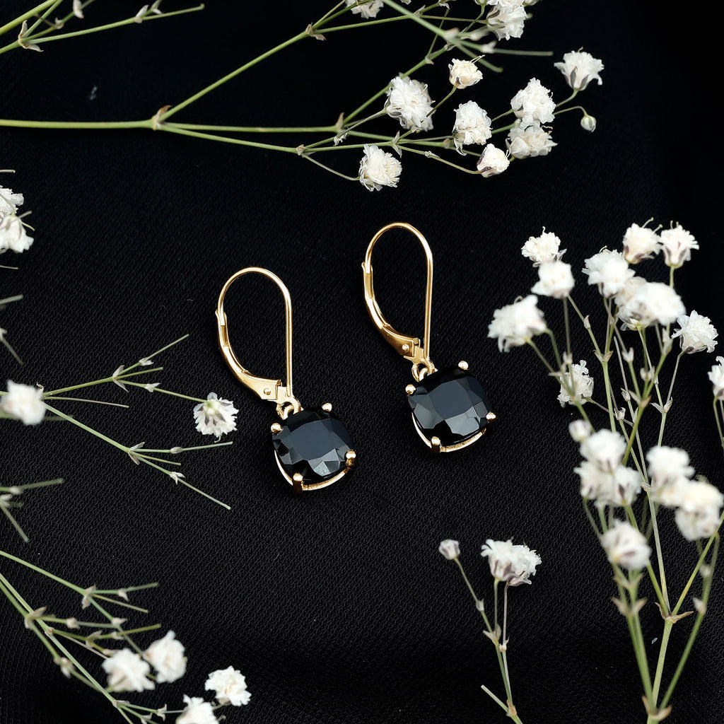 Genuine 8mm Cushion Cut Black Spinel Drop Earrings Lever Back