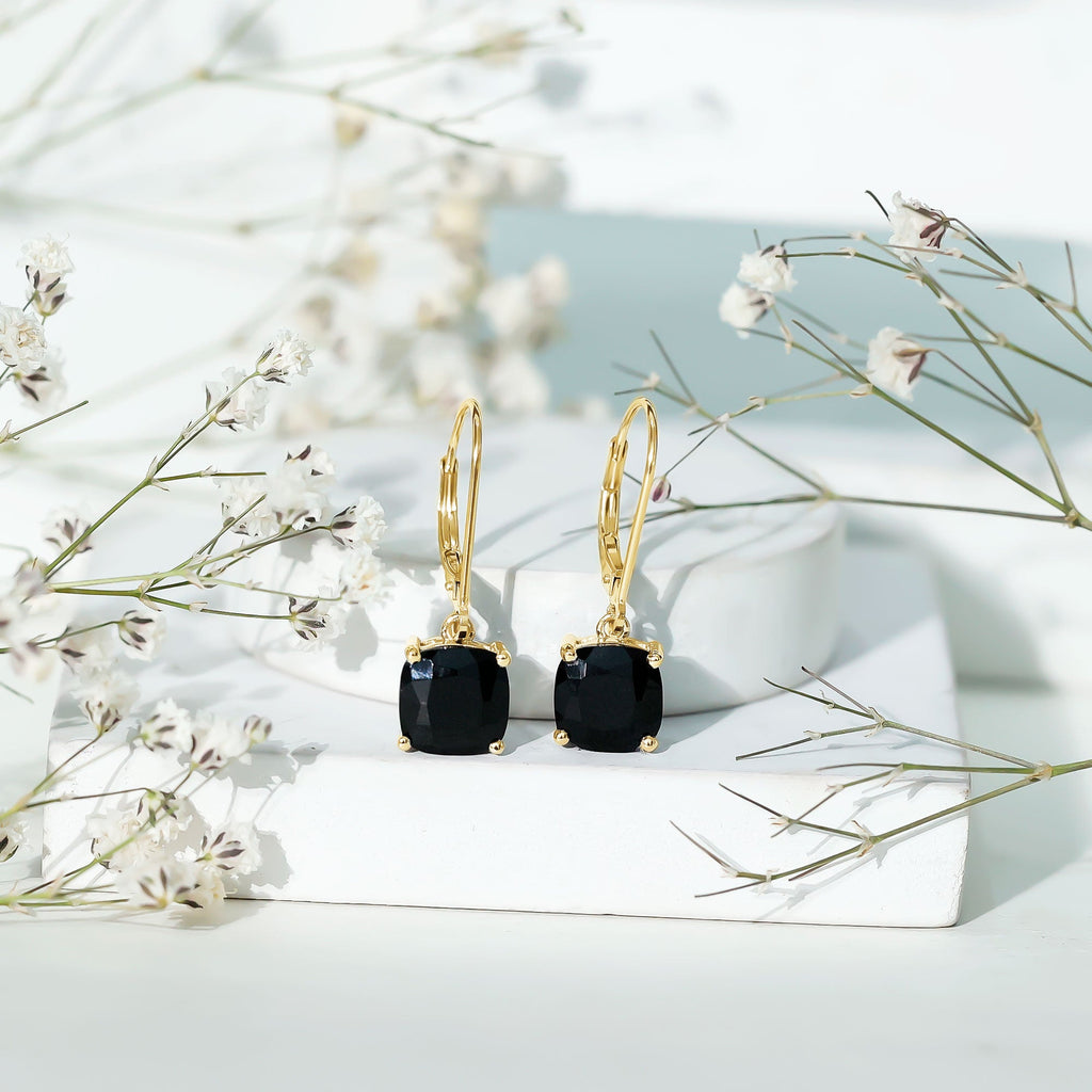 Genuine 8mm Cushion Cut Black Spinel Drop Earrings Lever Back