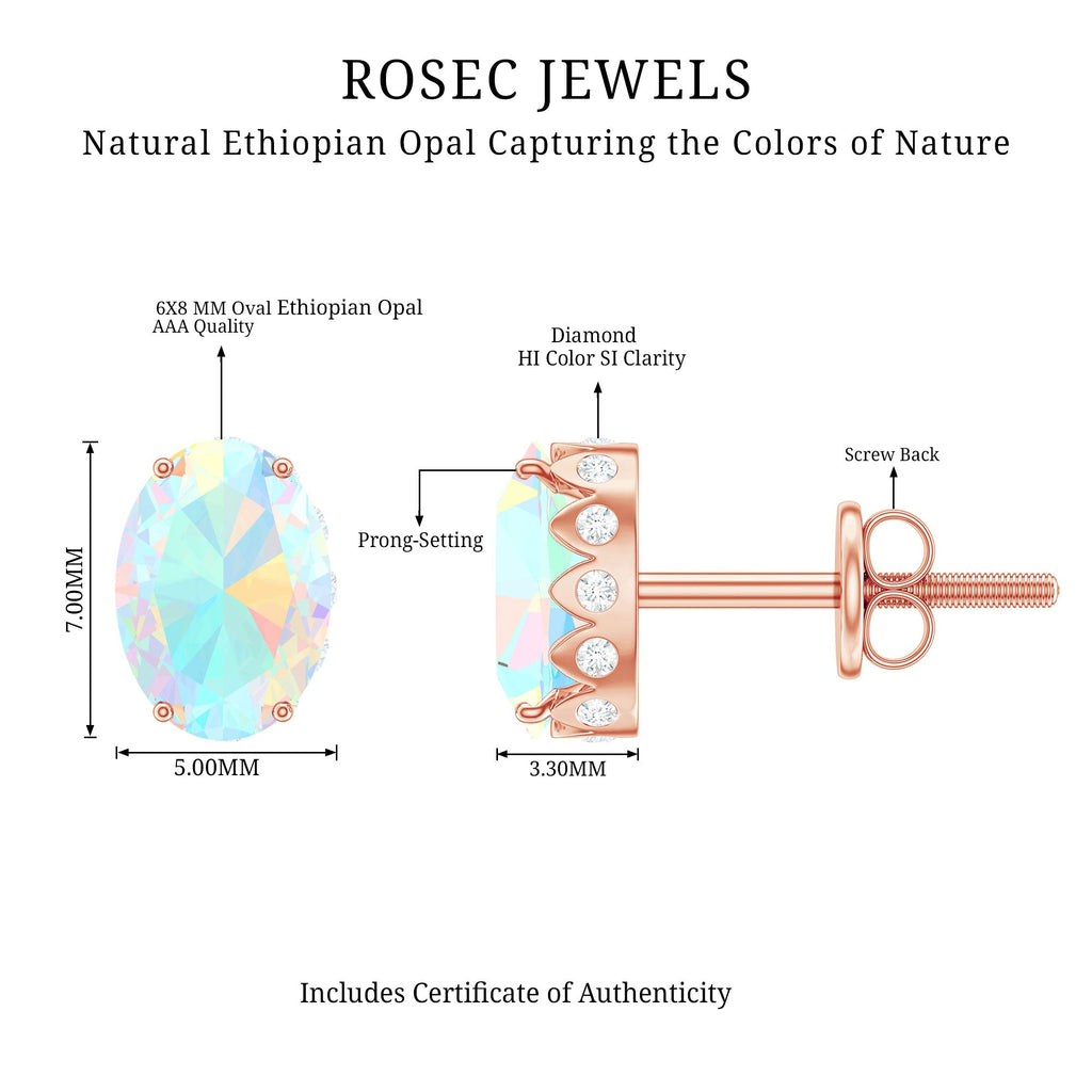 Natural 6X8mm Oval Ethiopian Opal Classic Stud Earrings with Diamond