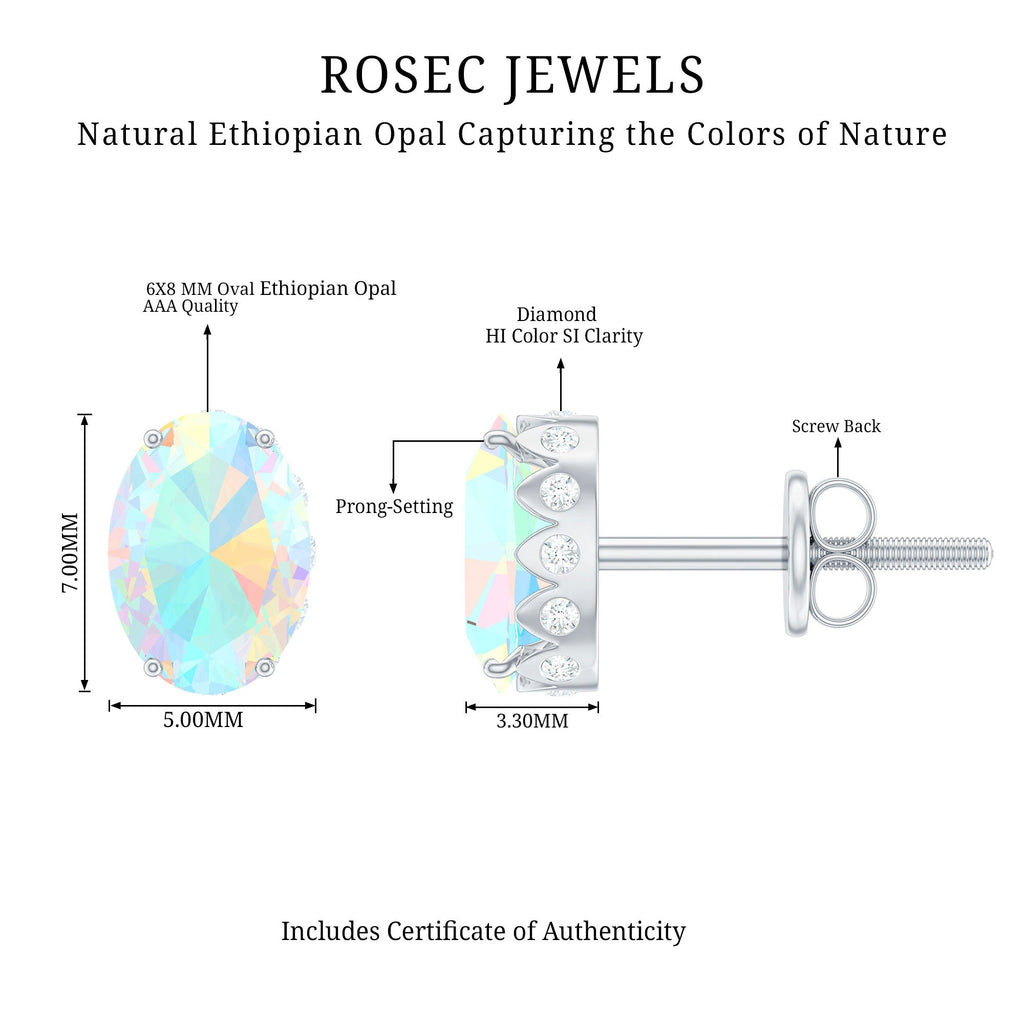 Natural 6X8mm Oval Ethiopian Opal Classic Stud Earrings with Diamond
