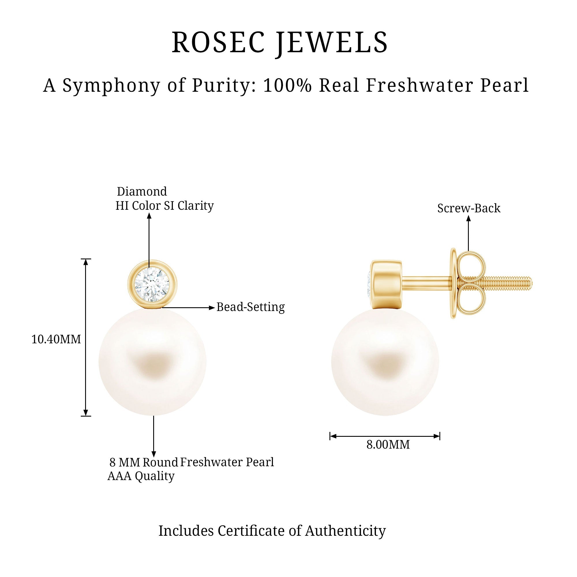 Genuine Freshwater Pearl Diamond Stud Earrings with Screw Back