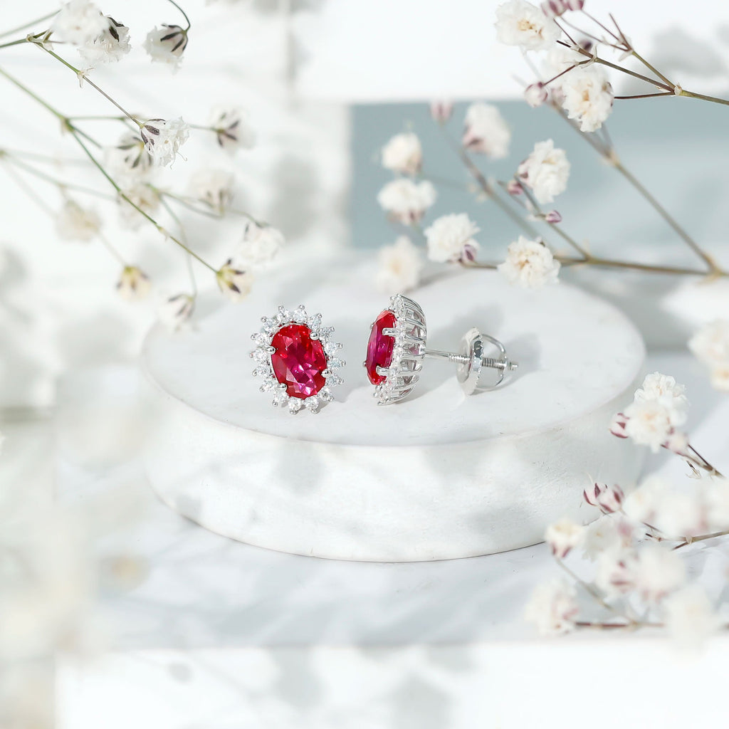 2 Carat Oval Cut Lab Grown Ruby Stud Earrings with Moissanite Halo
