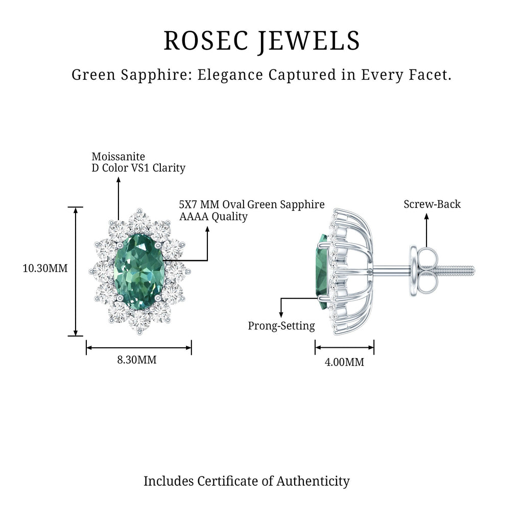 2 Carat Lab Grown Green Sapphire Stud Earrings with Halo