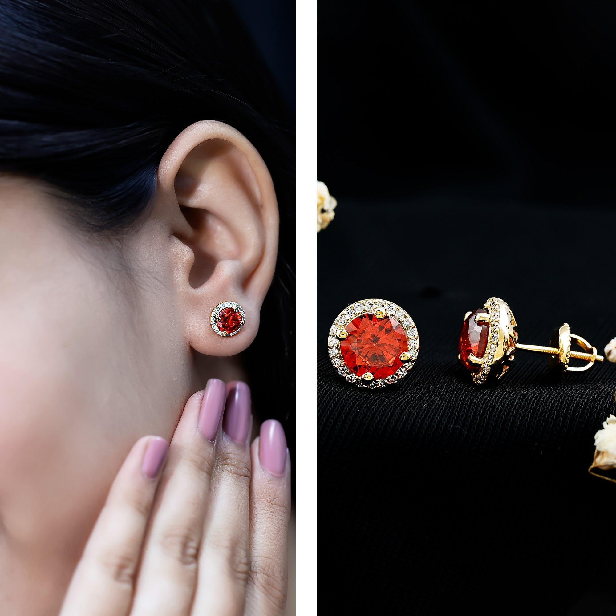 Lab Created Orange Sapphire and Diamond Halo Stud Earrings
