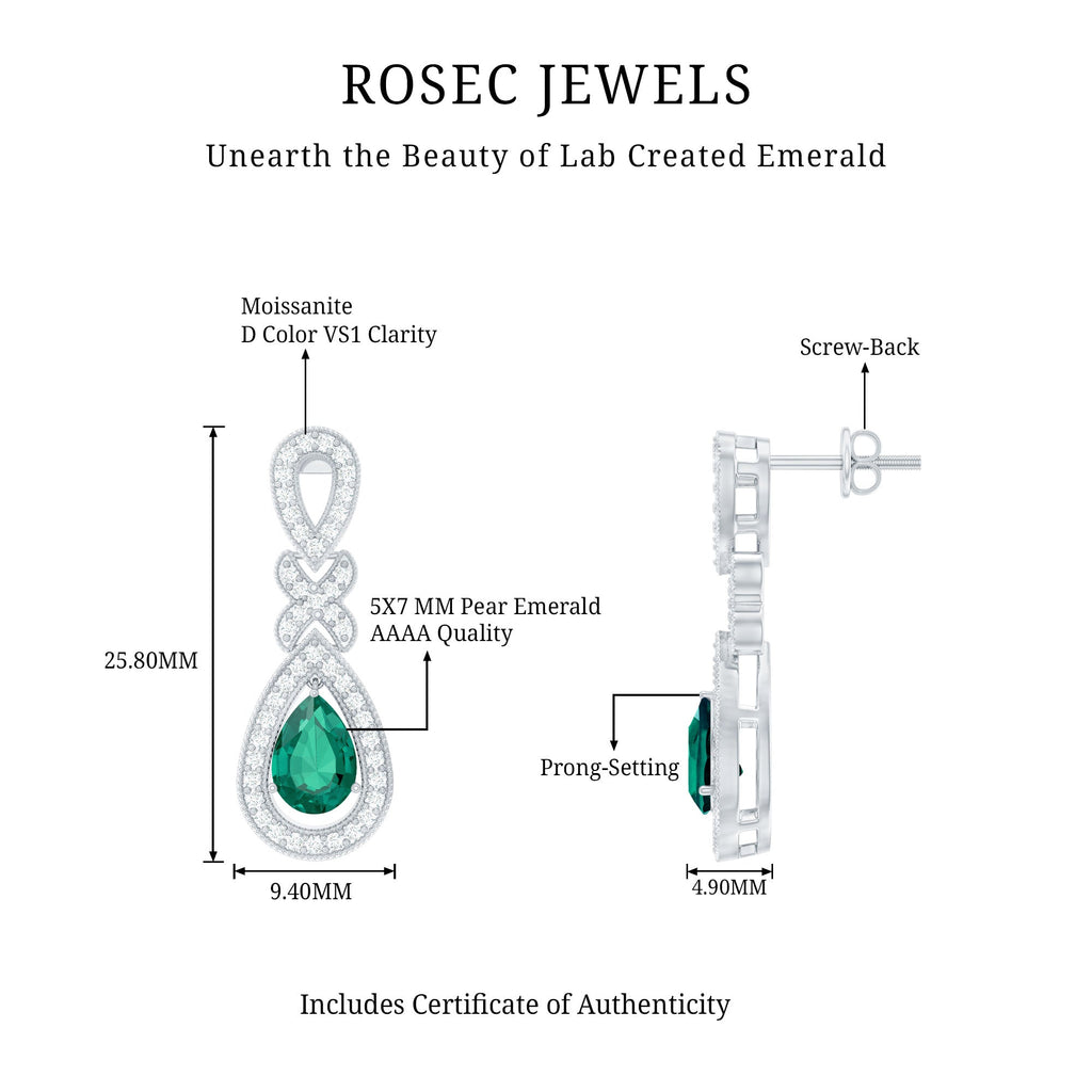 Silver Lab Grown Emerald Wedding Dangle Earrings With Certificate