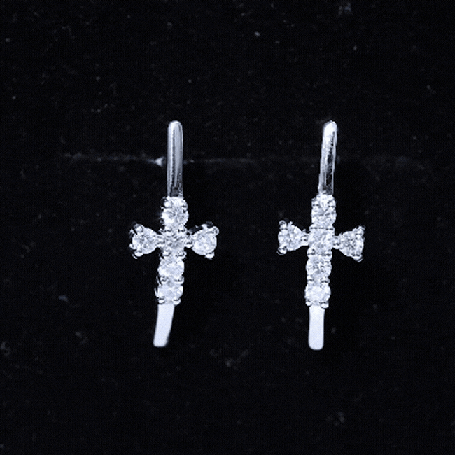 Certified Moissanite Cross Stud Earrings in 14K Gold Plated Silver