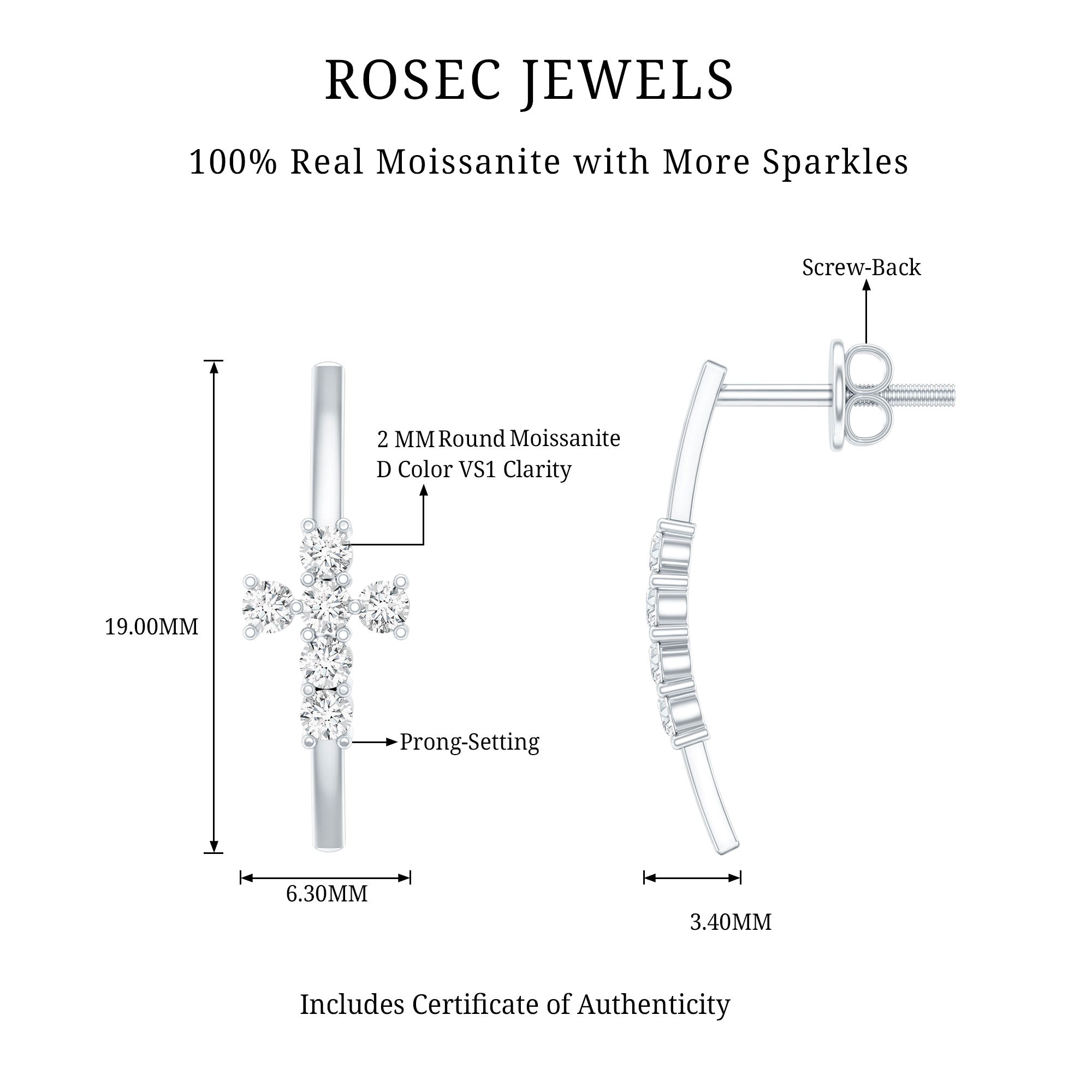 Certified Moissanite Cross Stud Earrings in 14K Gold Plated Silver