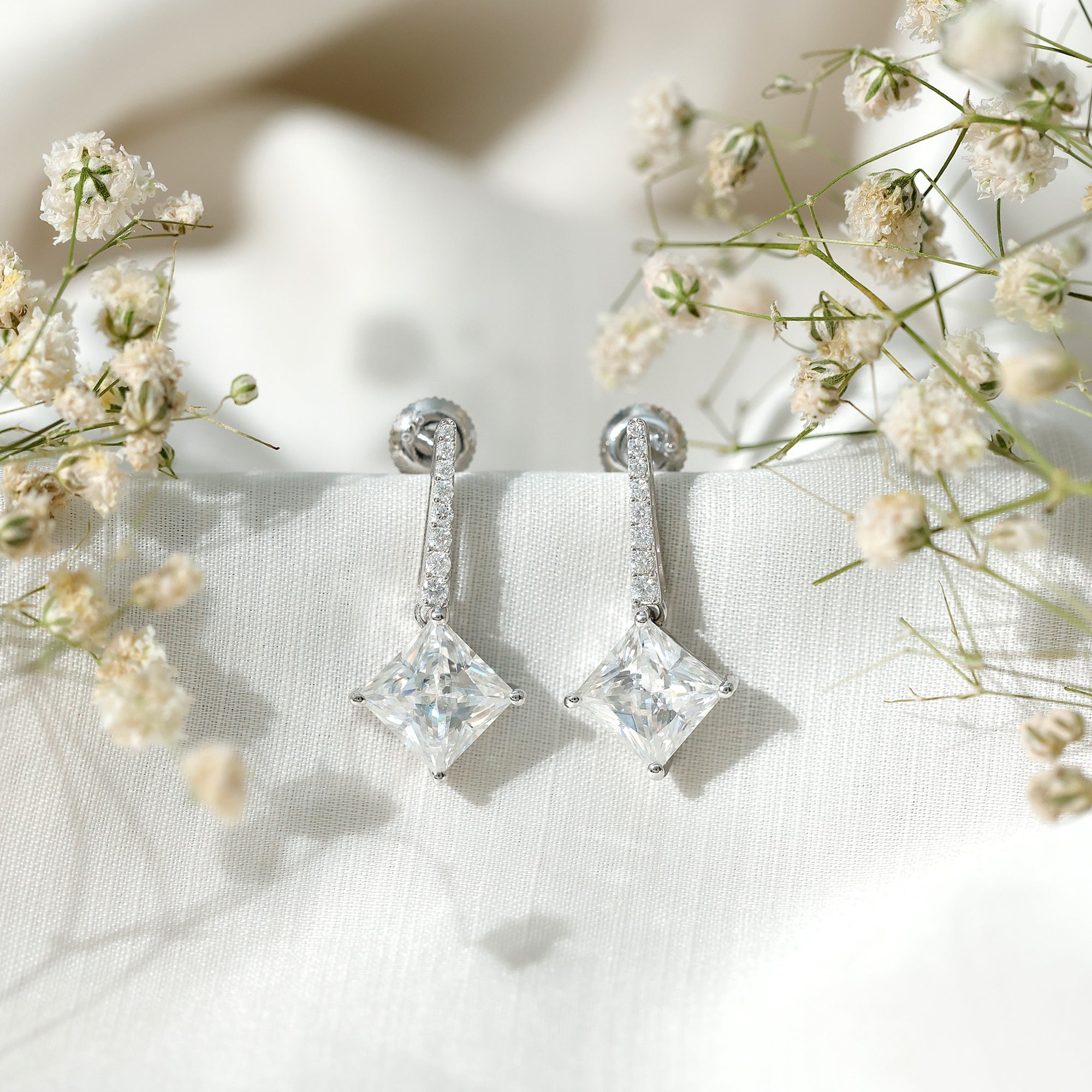 Certified 6 Carat Princess Cut Moissanite Drop Earrings in Silver