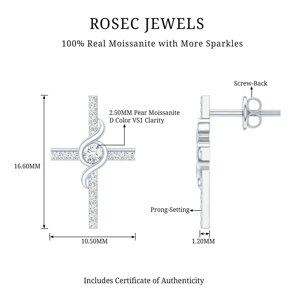 Certified Moissanite Cross Stud Earrings in Silver