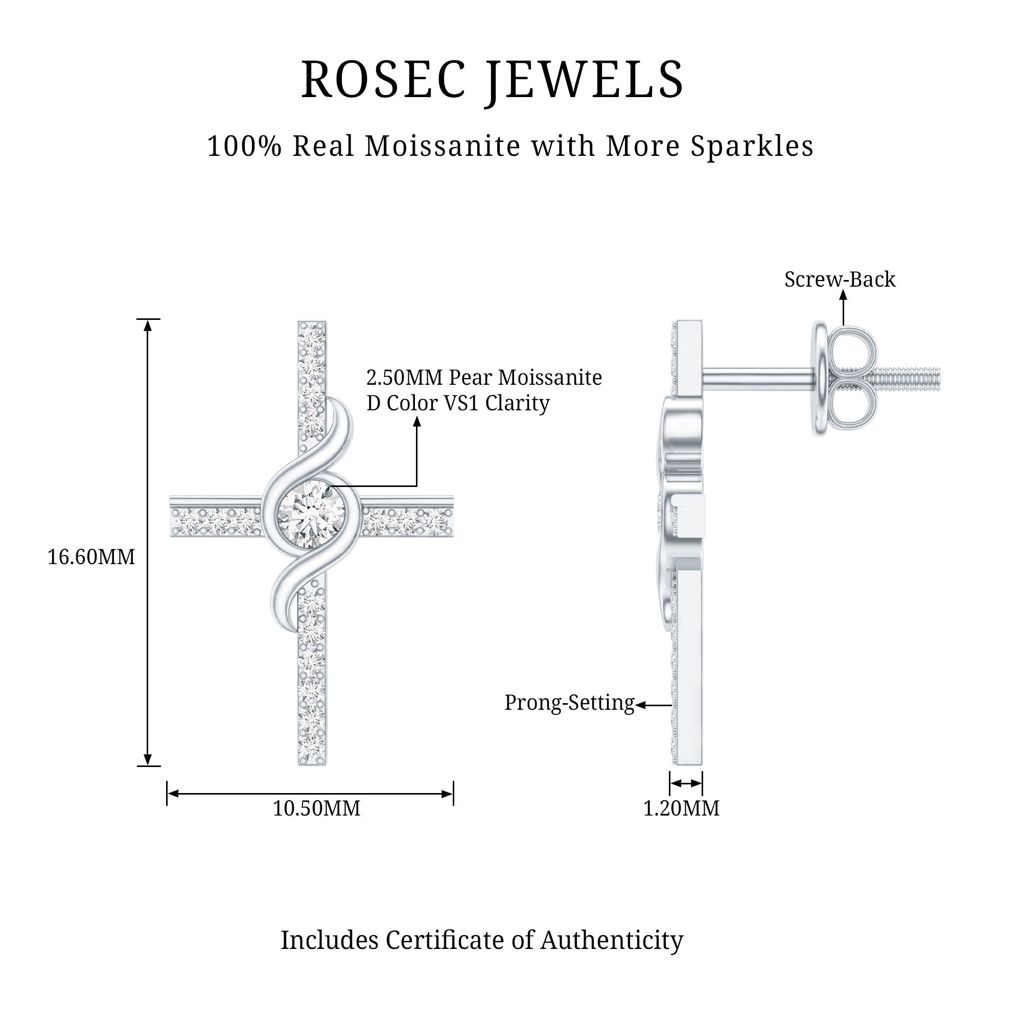 Certified Moissanite Cross Stud Earrings in Silver