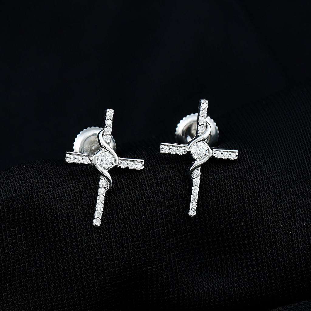 Certified Moissanite Cross Stud Earrings in Silver