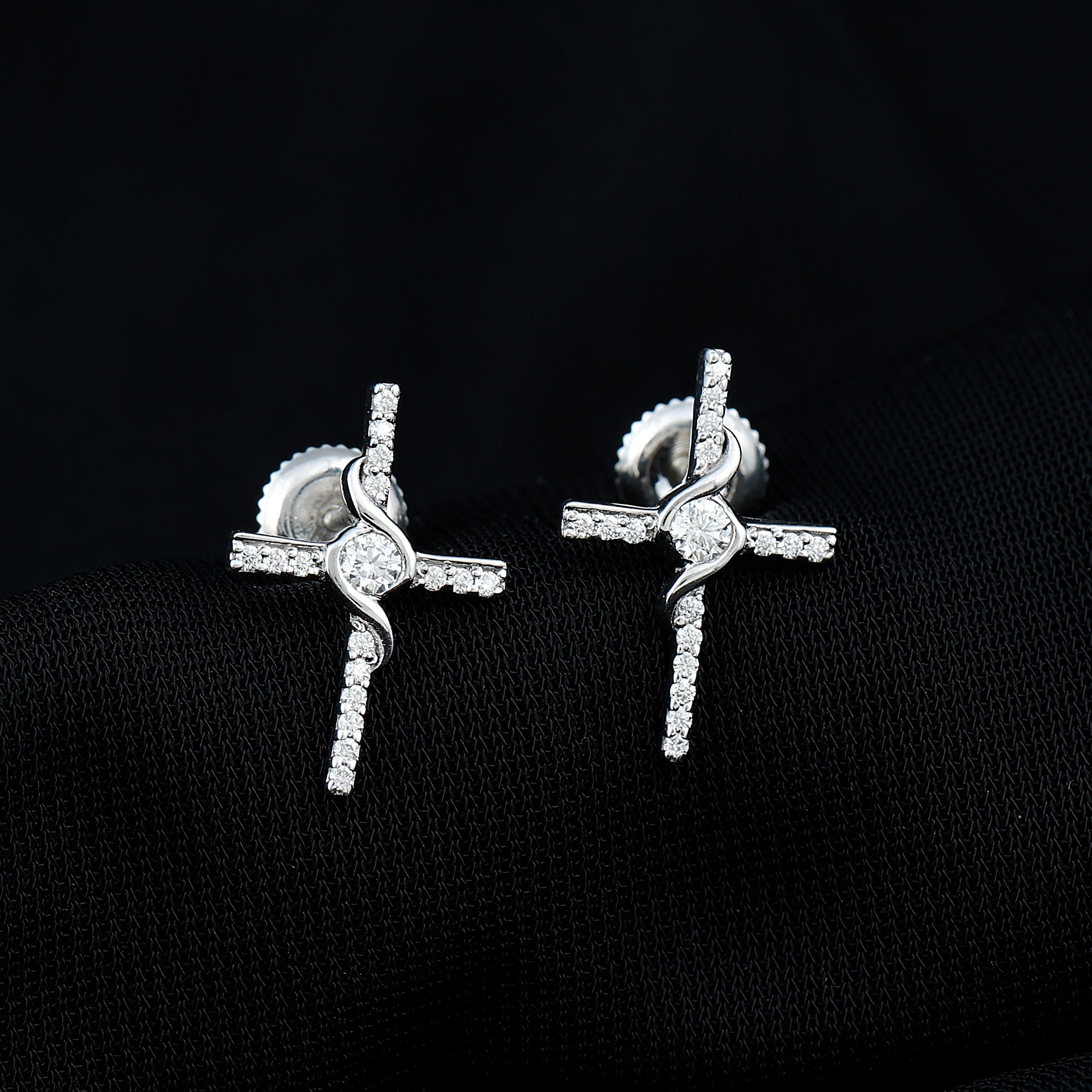 Certified Moissanite Cross Stud Earrings in Silver