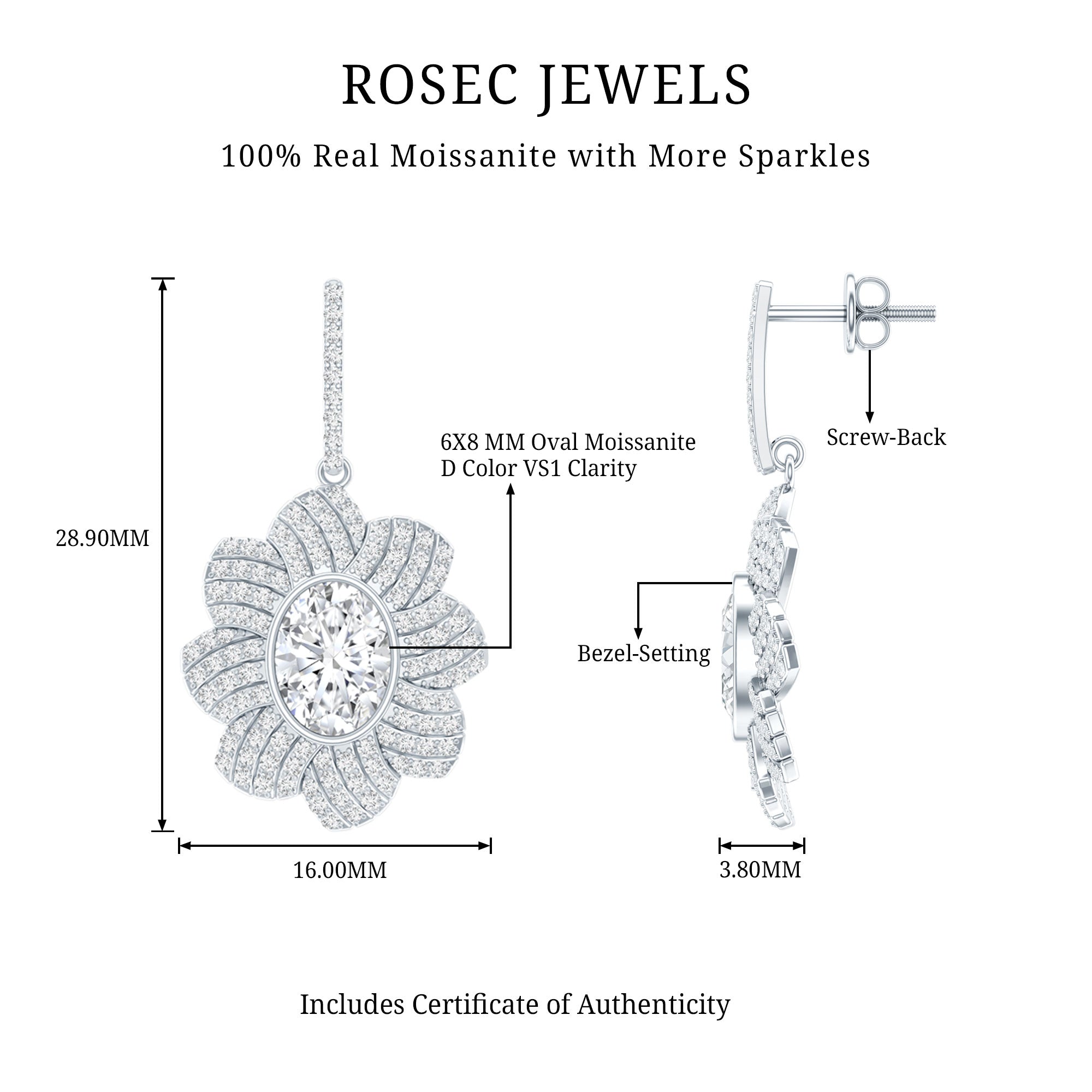 Bezel Set 2.5 Carat Oval Moissanite Flower Drop Earrings