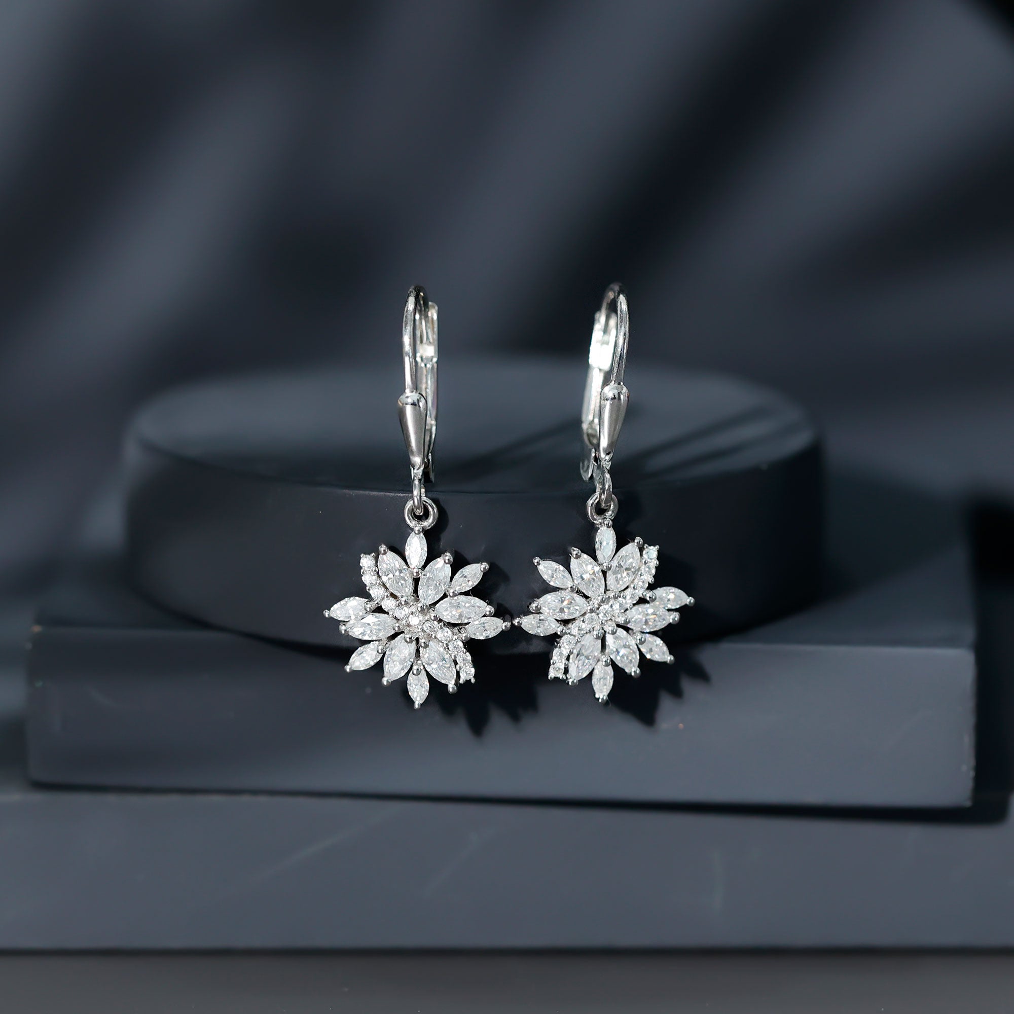 Sterling Silver Moissanite Drop Flower Earrings with Lever Back
