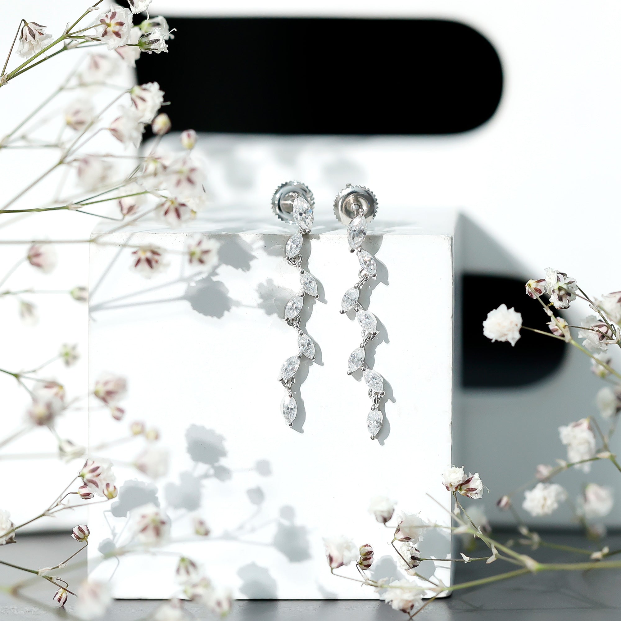 Marquise Moissanite Leaf Dangle Earrings in Sterling Silver