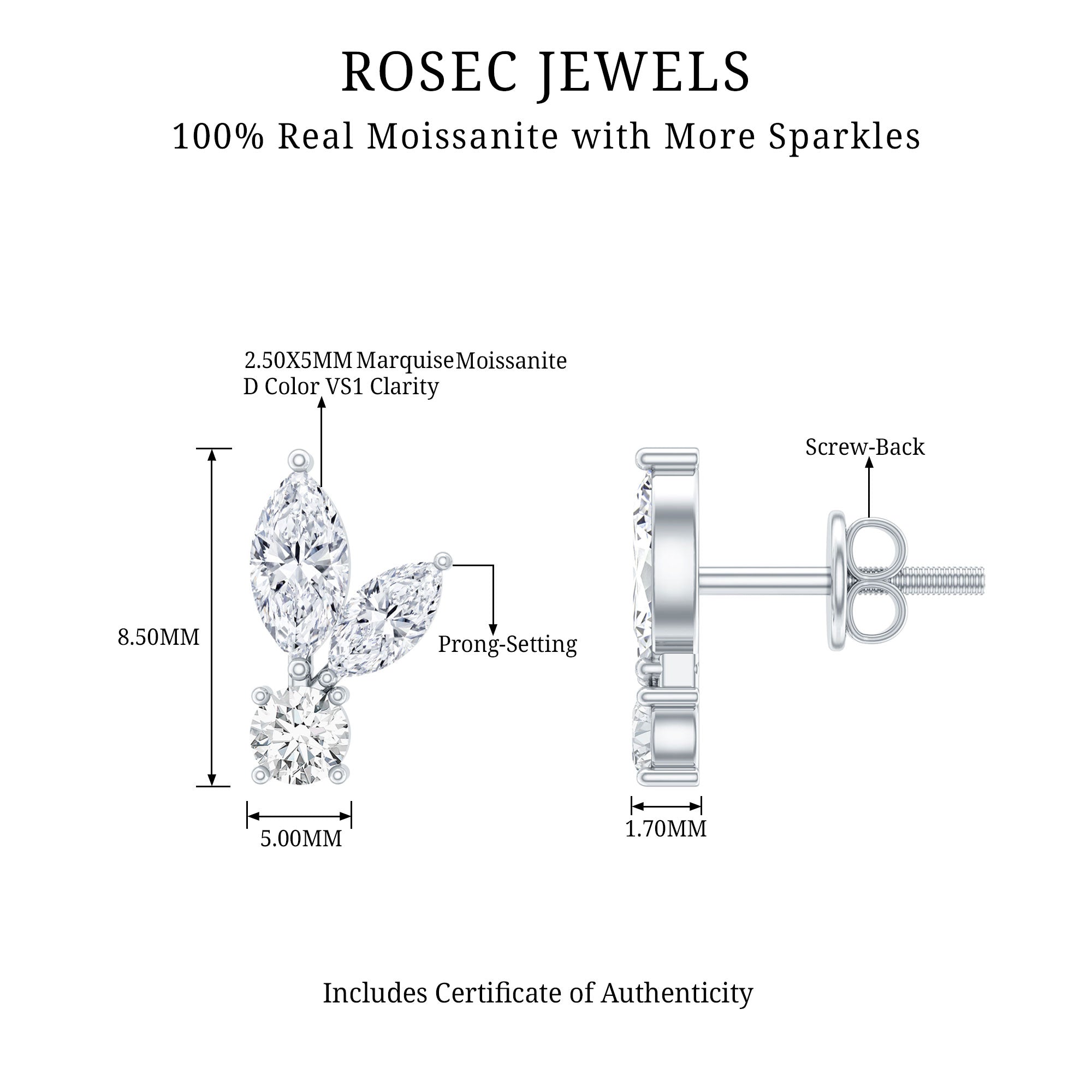 Certified Moissanite Playboy Stud Earrings in 14K Gold Plated Silver