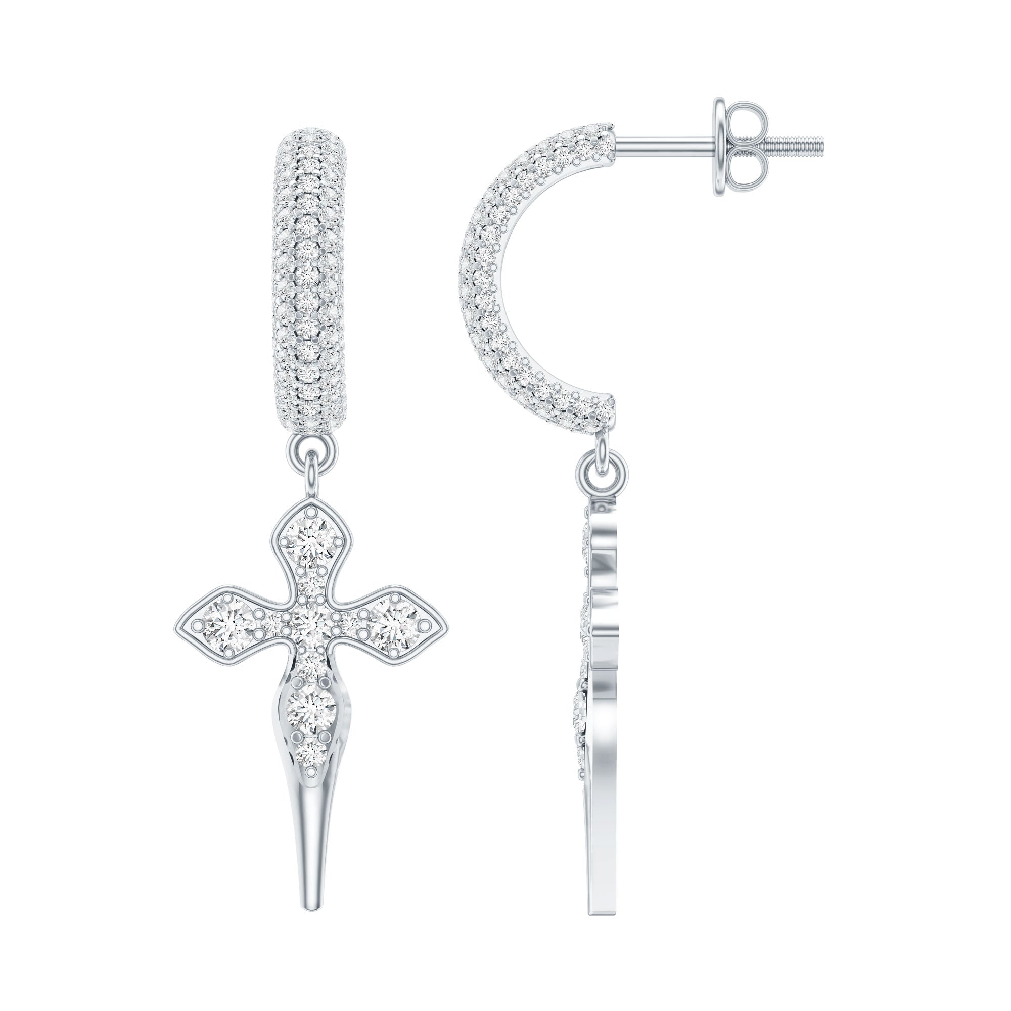 Vintage Inspired Moissanite Cross Dangle Earrings in Silver