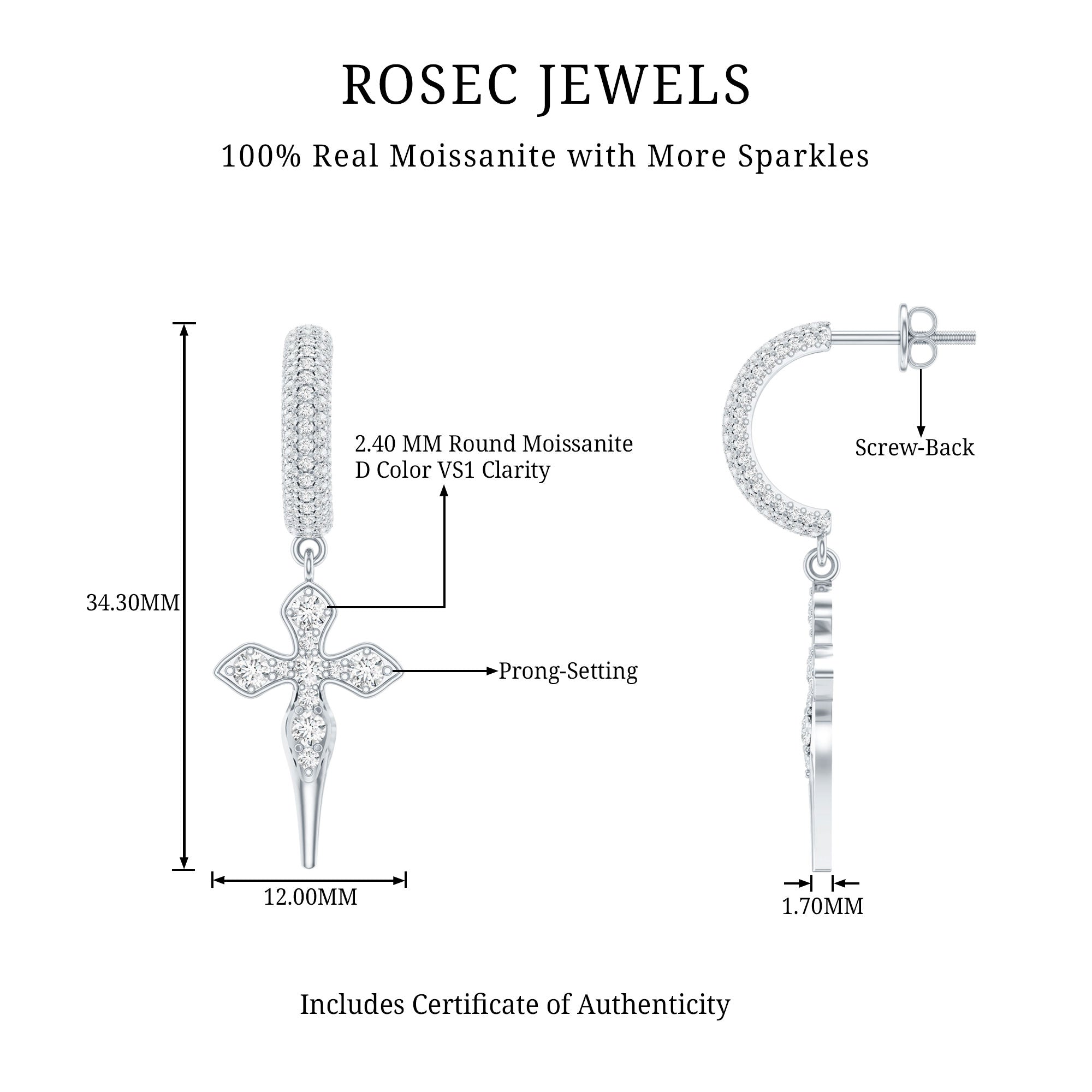 Vintage Inspired Moissanite Cross Dangle Earrings in Silver