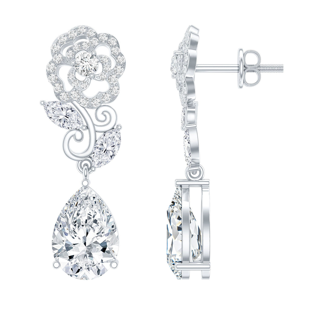 4.5 Carat Pear Shaped Moissanite Rose Flower Dangle Earrings for Wedding