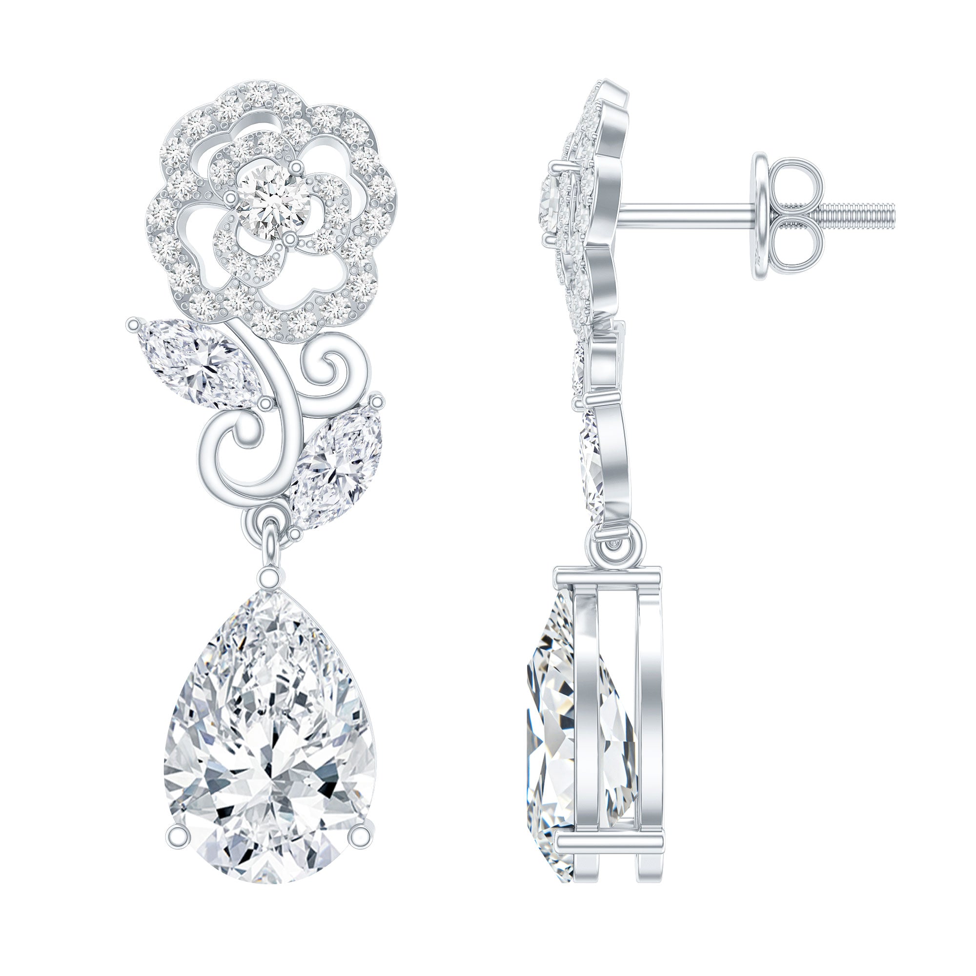 4.5 Carat Pear Shaped Moissanite Rose Flower Dangle Earrings for Wedding