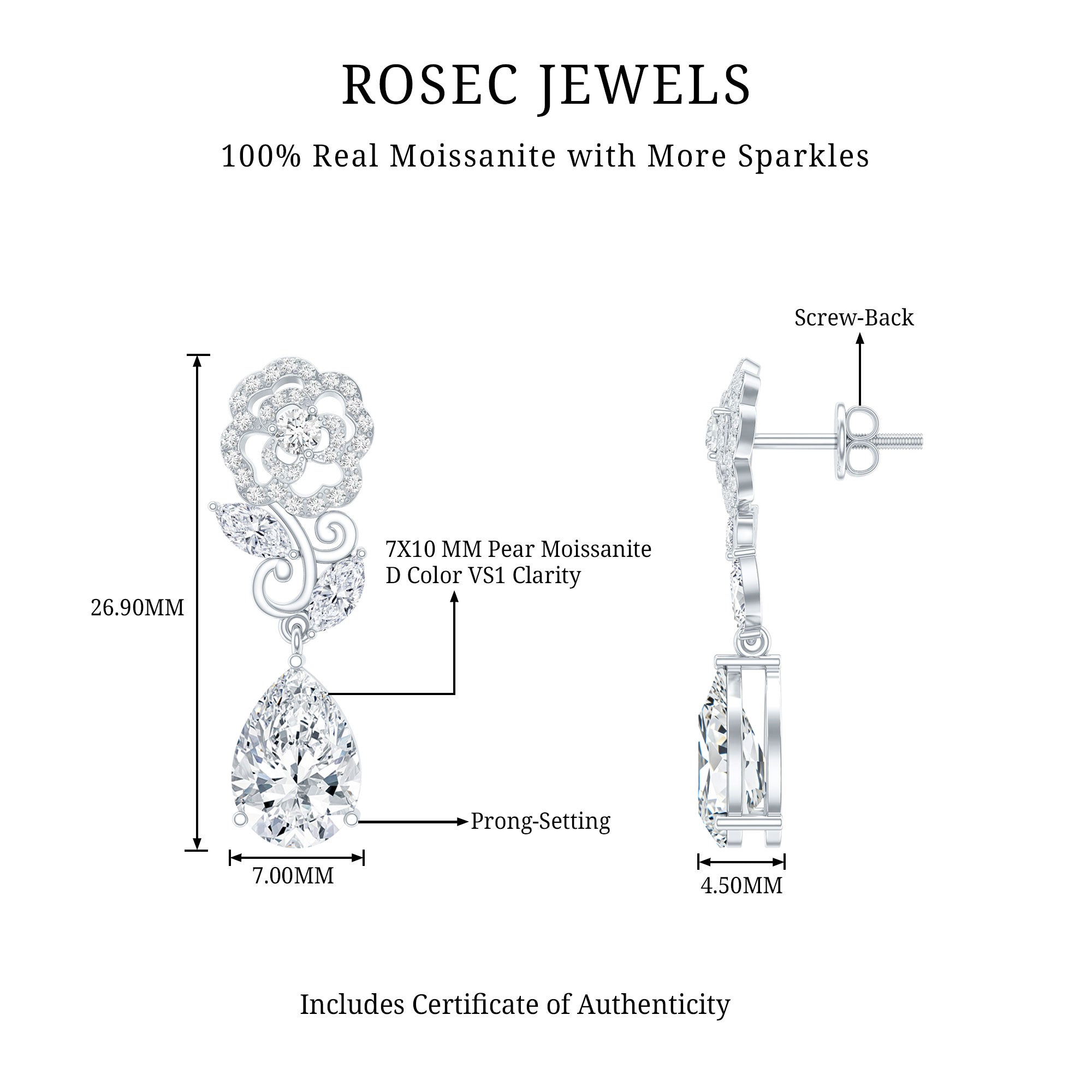 4.5 Carat Pear Shaped Moissanite Rose Flower Dangle Earrings for Wedding