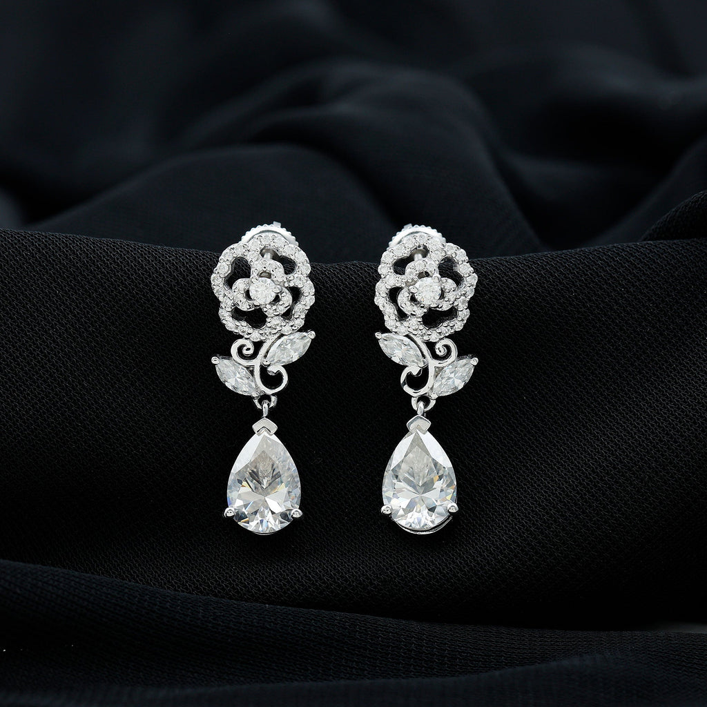 4.5 Carat Pear Shaped Moissanite Rose Flower Dangle Earrings for Wedding
