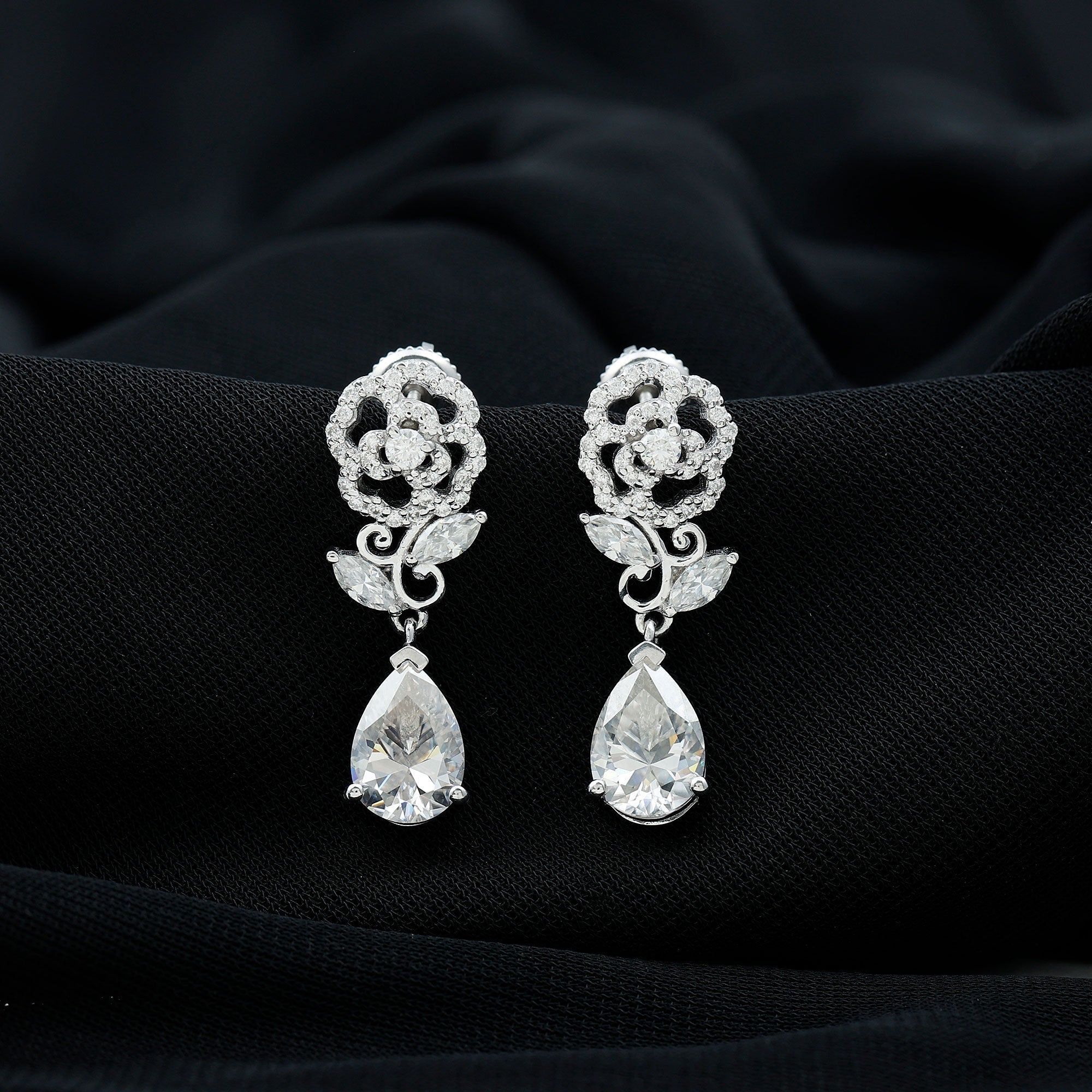 4.5 Carat Pear Shaped Moissanite Rose Flower Dangle Earrings for Wedding