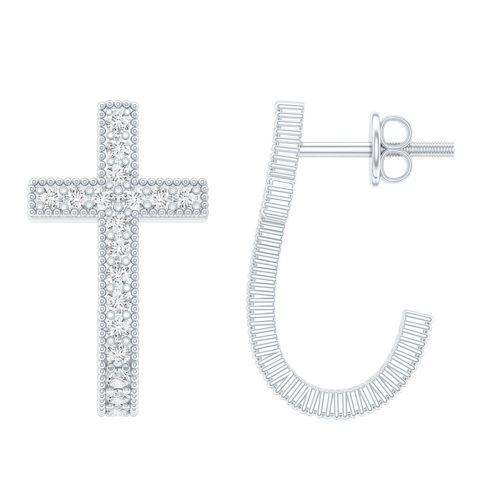 Certified Moissanite Cross J Hoop Earrings in Sterling Silver