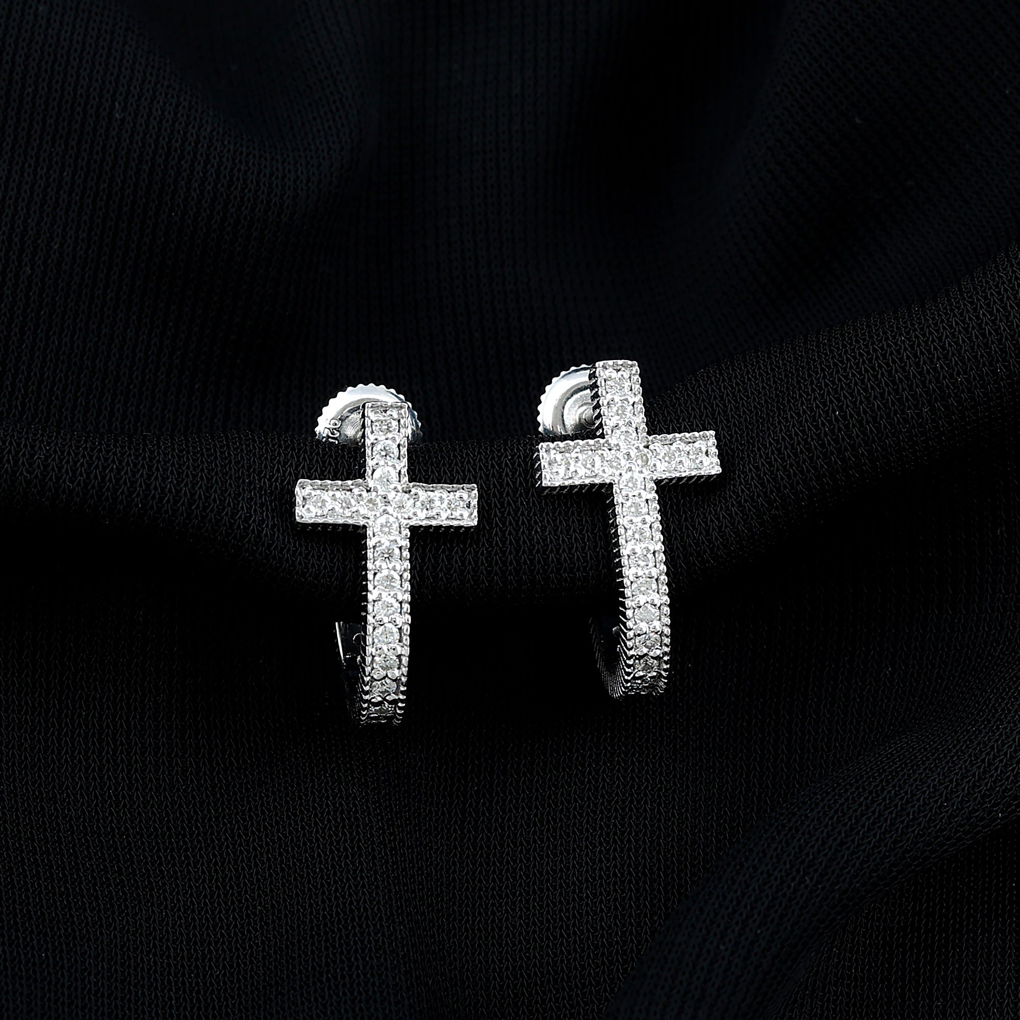 Certified Moissanite Cross J Hoop Earrings in Sterling Silver
