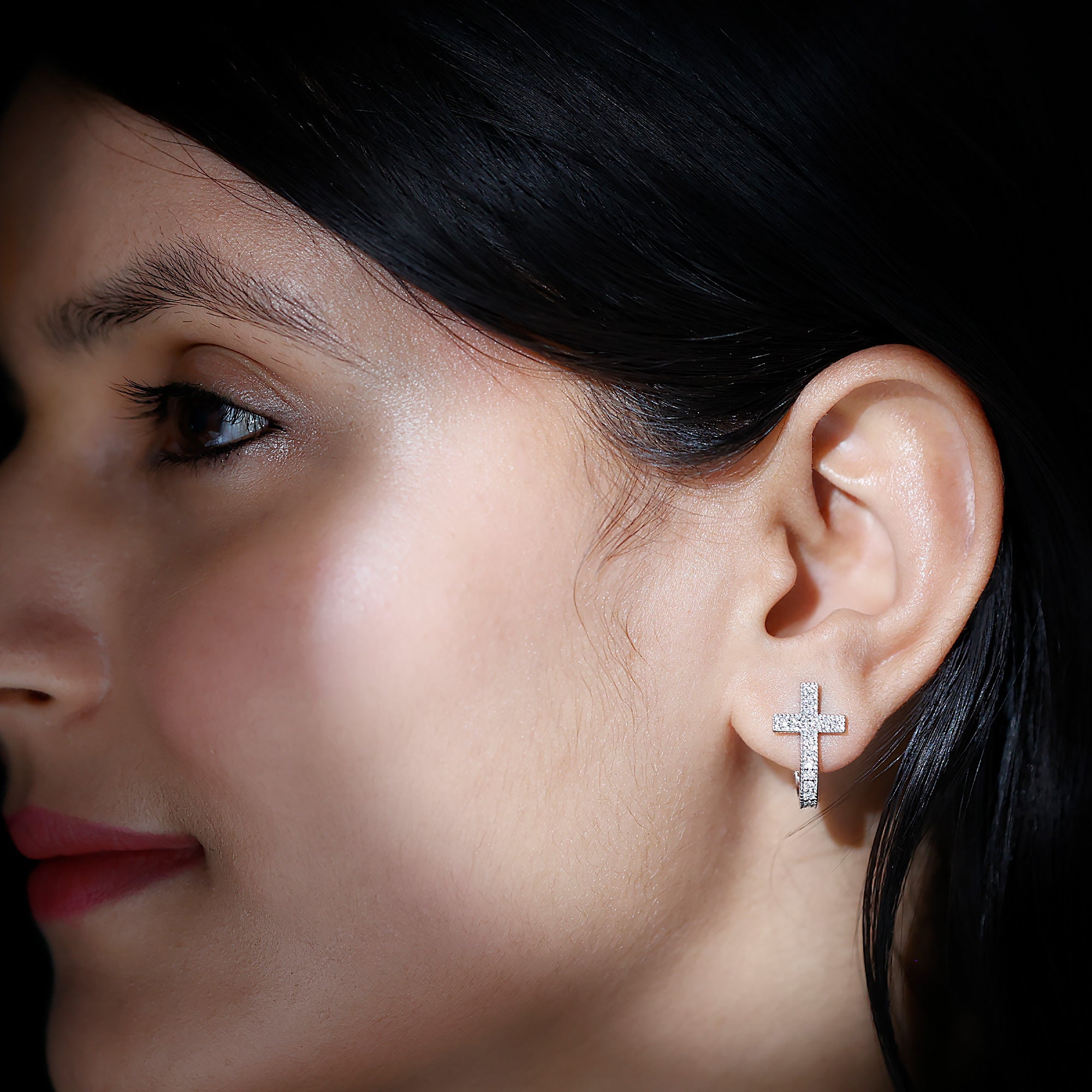 Certified Moissanite Cross J Hoop Earrings in Sterling Silver