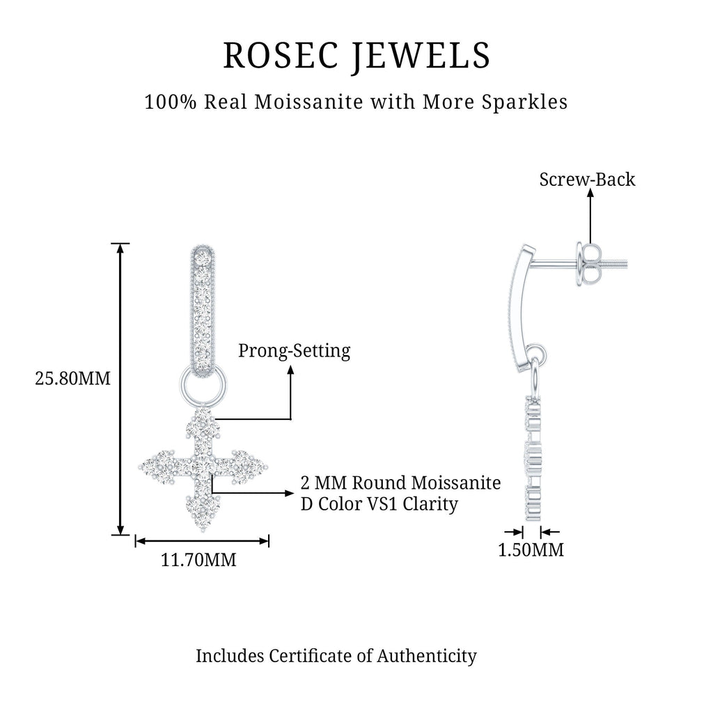Certified Moissanite Cross Drop Earrings in Sterling Silver