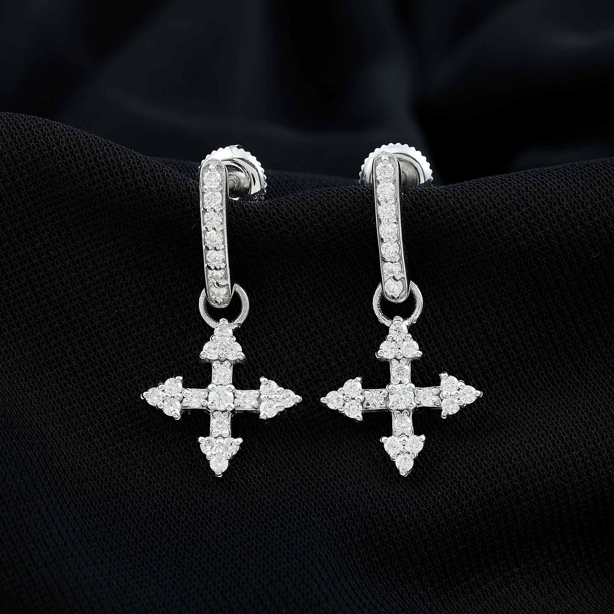 Certified Moissanite Cross Drop Earrings in Sterling Silver
