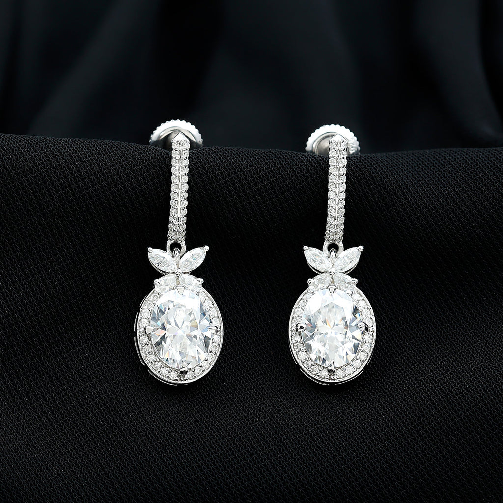 Certified 7X9 MM Oval Moissanite Wedding Drop Earrings with Screw Back