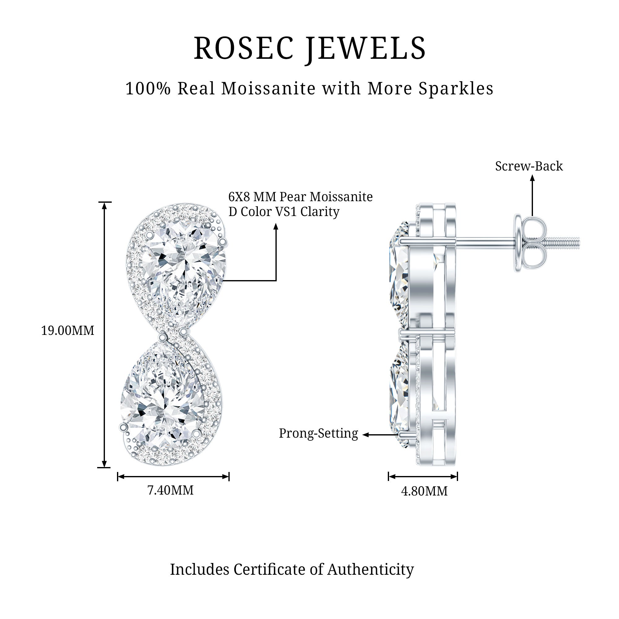 5 Carat Designer Moissanite Big Stud Earrings with Certificate