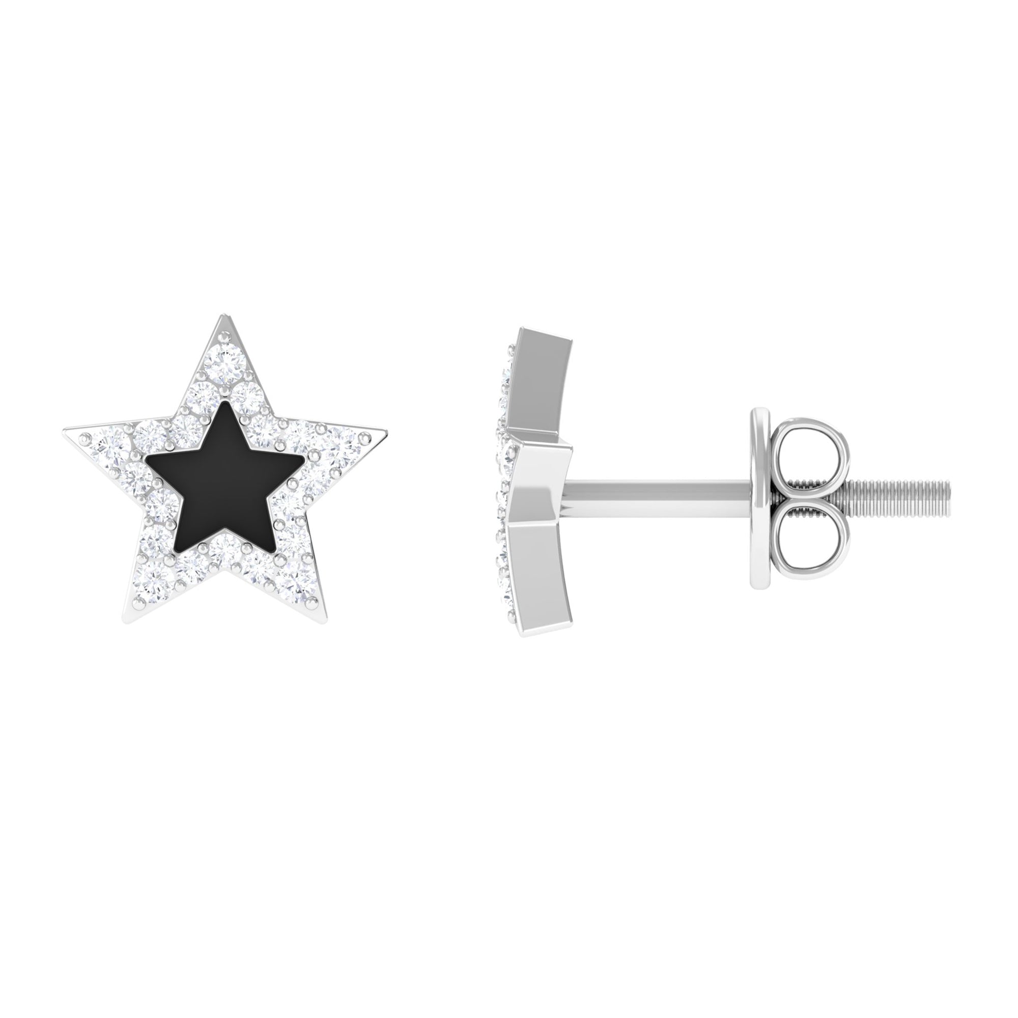 Natural Diamond Star Earrings with Black Enamel