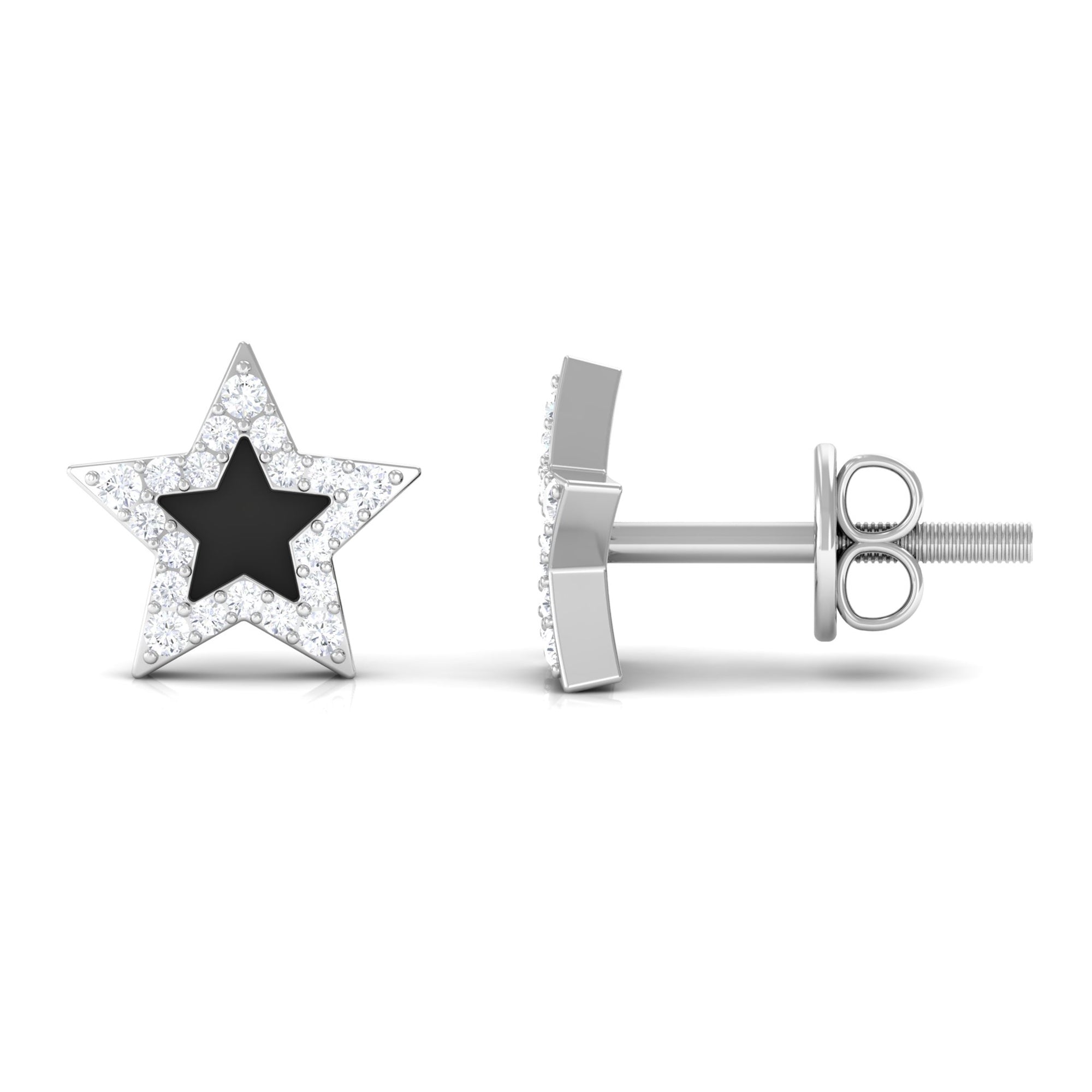 Natural Diamond Star Earrings with Black Enamel