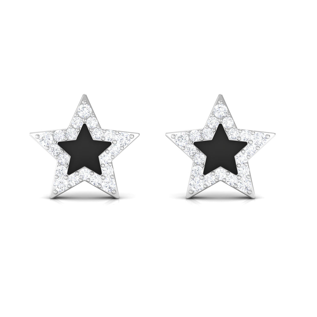 Natural Diamond Star Earrings with Black Enamel
