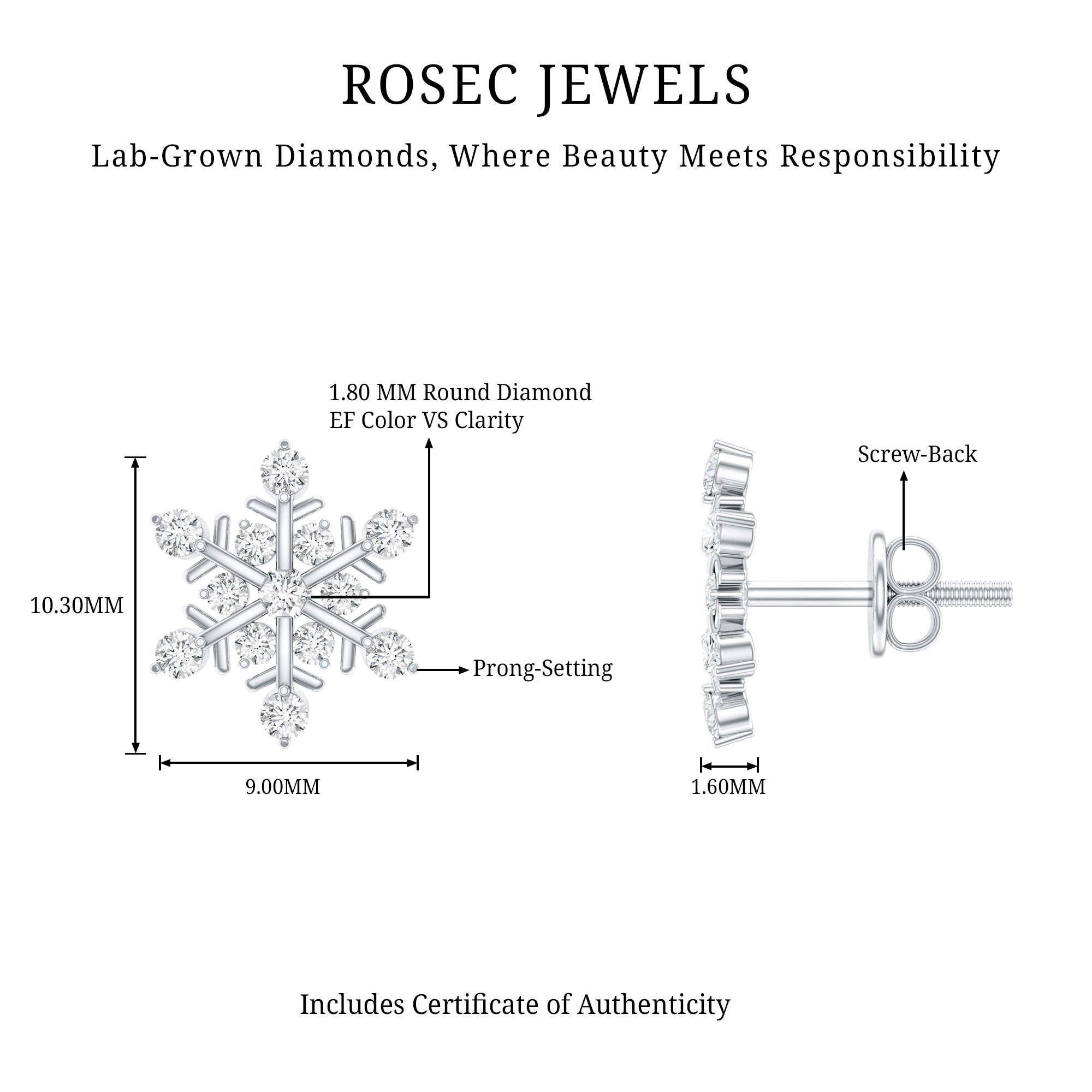 Certified Diamond Snowflake Stud Earrings with Screw Back