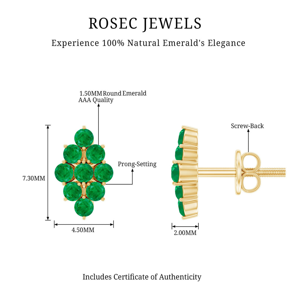 Natural Round Emerald Cluster Stud Earrings With Screw Back
