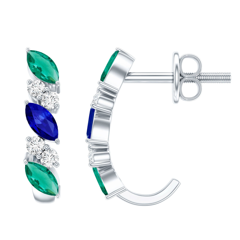Certified Lab Grown Emerald and Sapphire Hoop Earrings in Sterling Silver