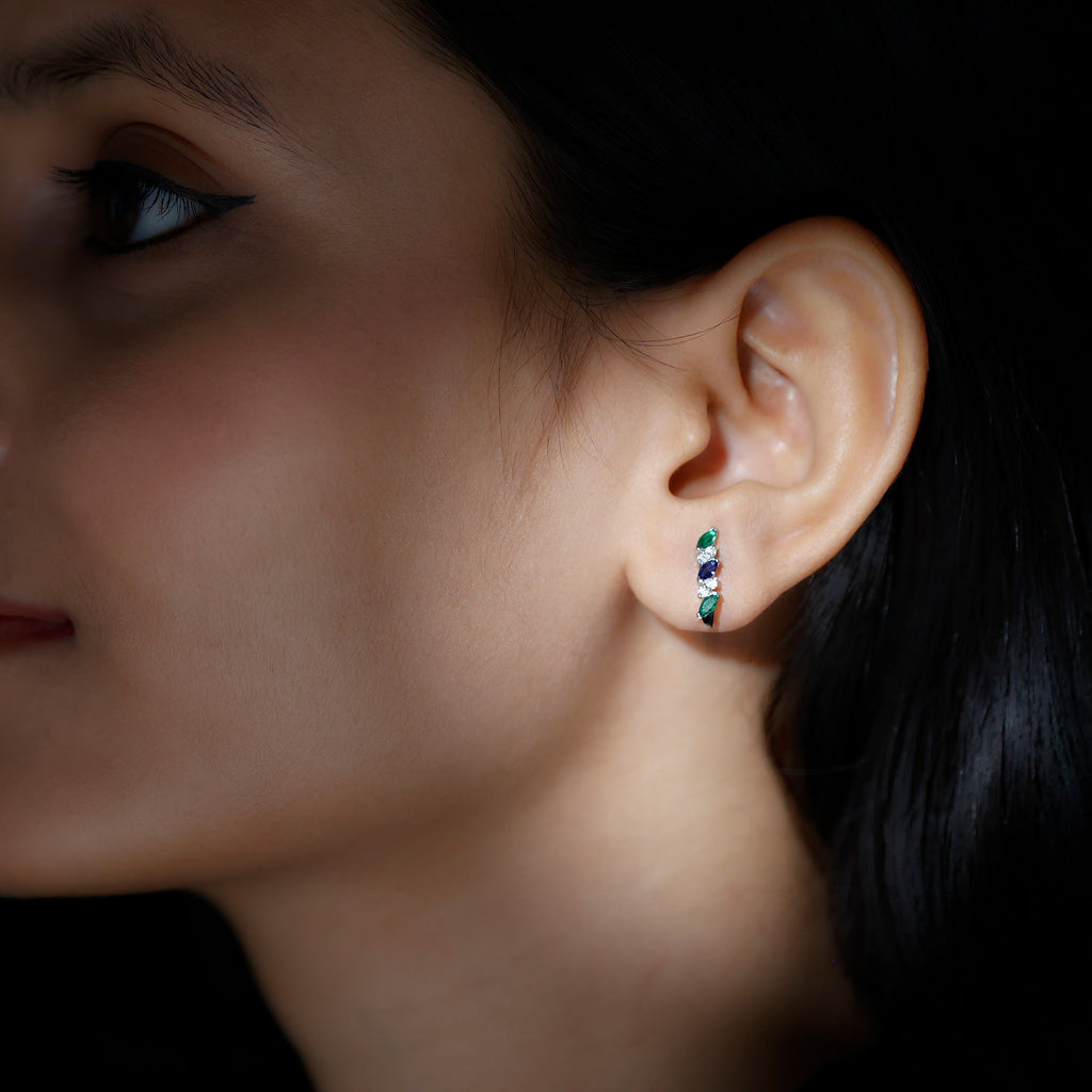 Certified Lab Grown Emerald and Sapphire Hoop Earrings in Sterling Silver