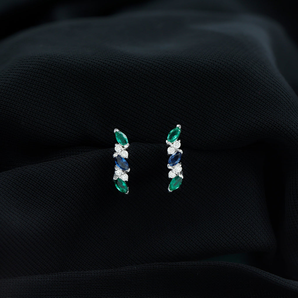 Certified Lab Grown Emerald and Sapphire Hoop Earrings in Sterling Silver