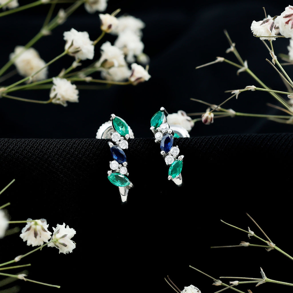 Certified Lab Grown Emerald and Sapphire Hoop Earrings in Sterling Silver
